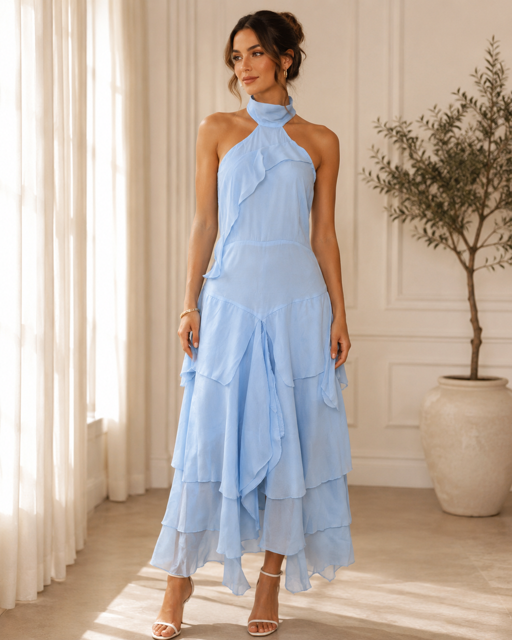 Sky Blue Halter Cascade Maxi Dress