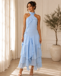 Sky Blue Halter Cascade Maxi Dress