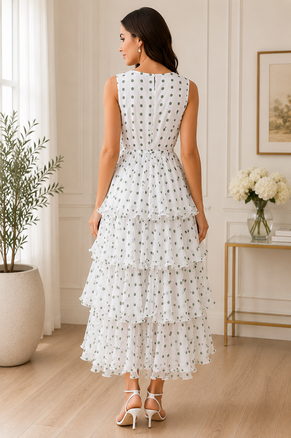 Sleeveless Polka Dot Tiered Chiffon Midi Dresses