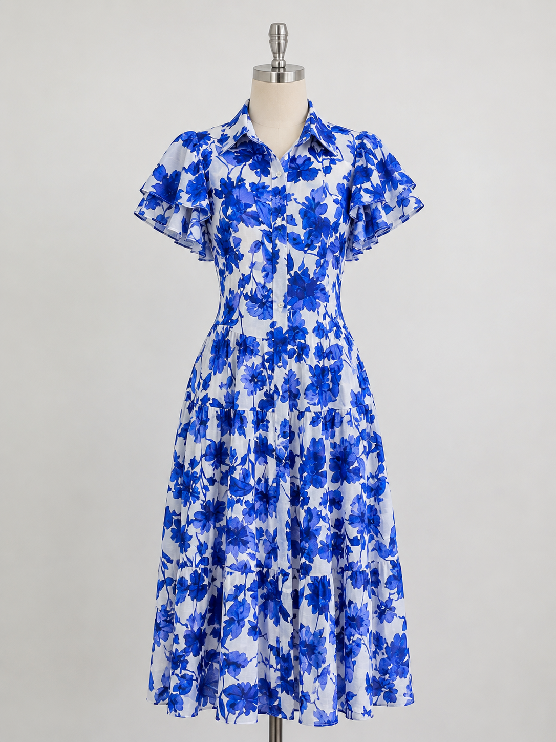 Blue Bloom Ruffle Sleeve midi Dress