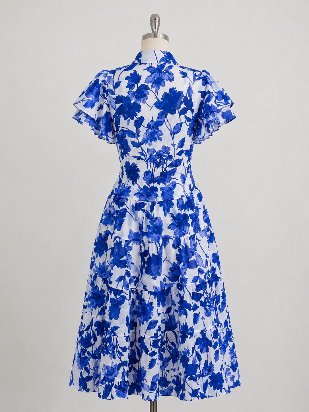 Blue Bloom Ruffle Sleeve midi Dress