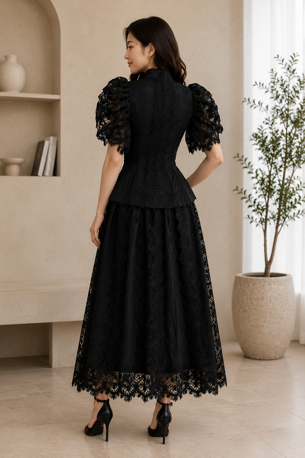 Elegant Black Lace Victorian - Inspired Two-Piece Dress Set