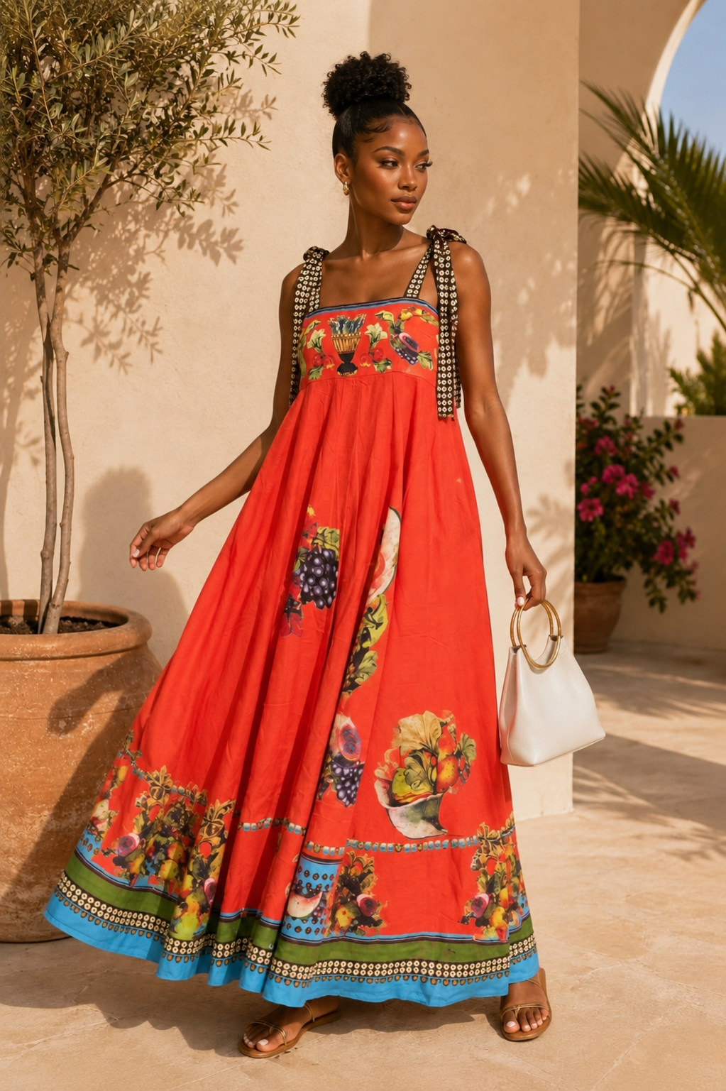 Mediterranean Harvest Tie-Shoulder Maxi Dress