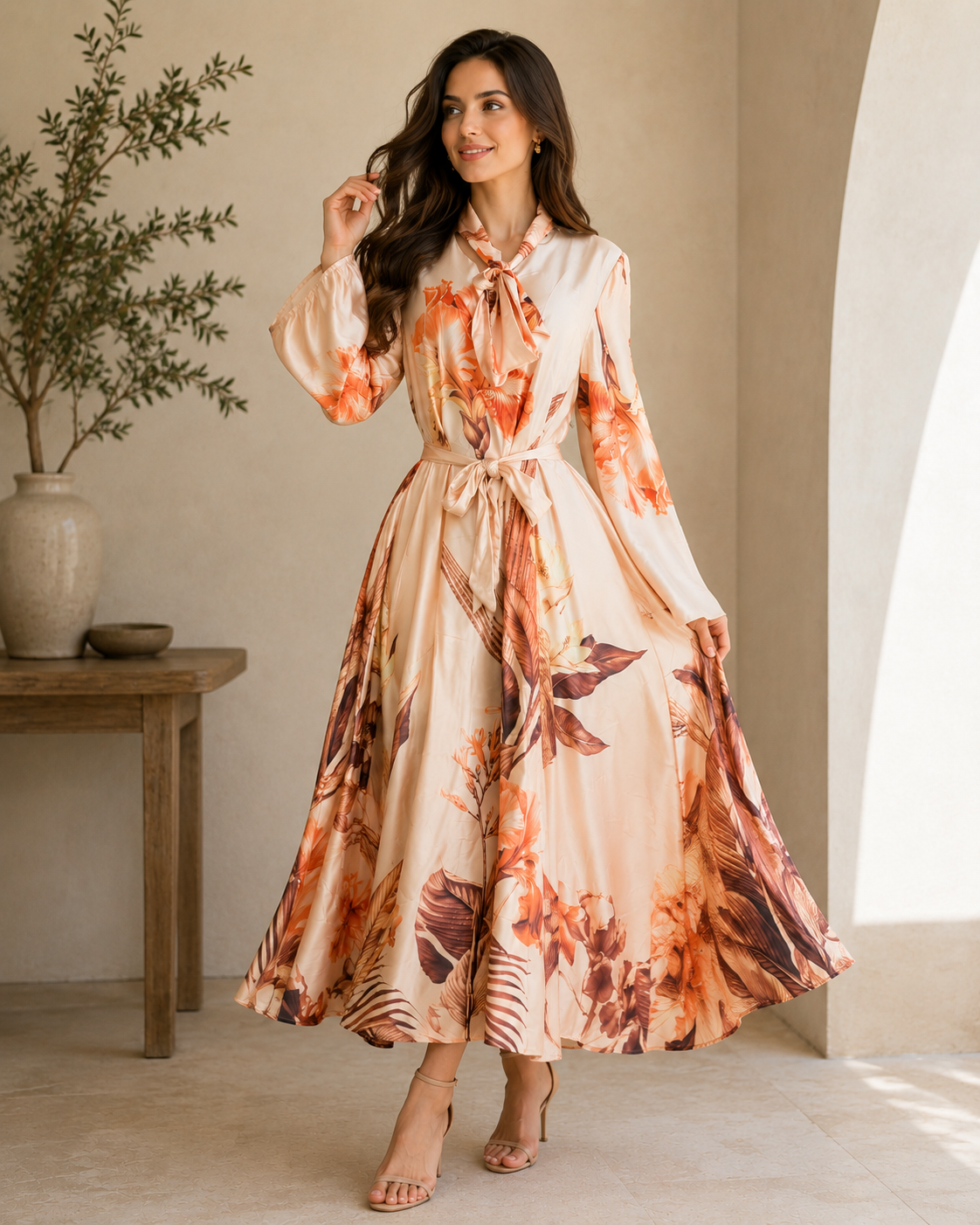 Blush Bloom Satin Tie-Neck Midi Dress