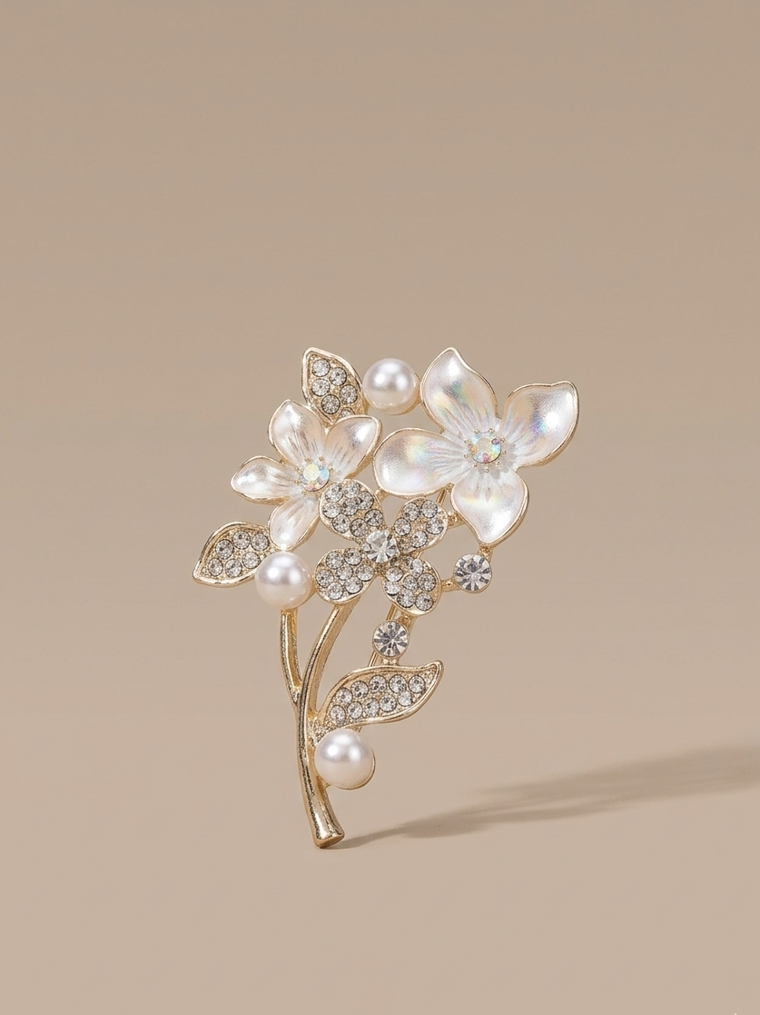 Floral Pearl & Crystal Gold Brooch