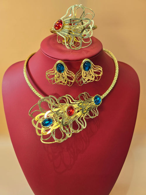 3 Piece Gold Red & Blue Jewellery Set