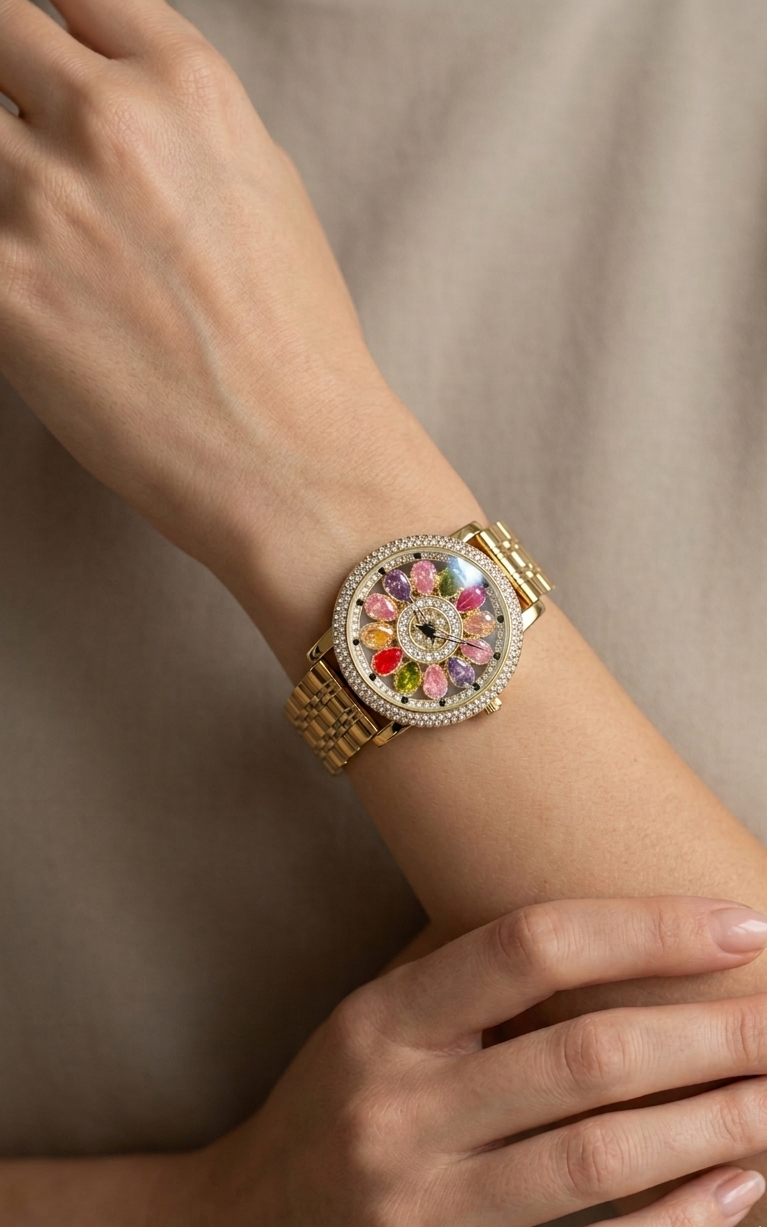 Radiant Blossom Gold Crystal Statement Watch