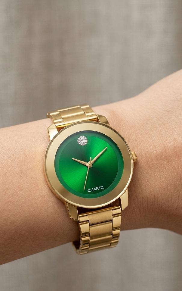Gold Tone Watch with Emerald Dial