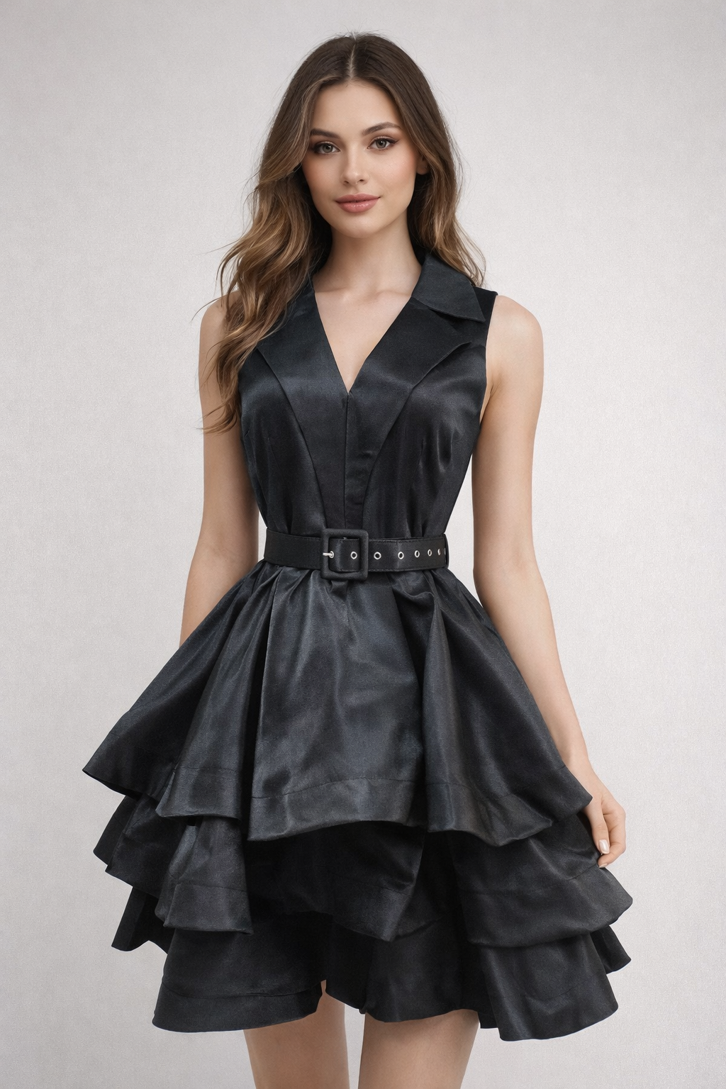 Elegant Satin Tiered Dress with Belt