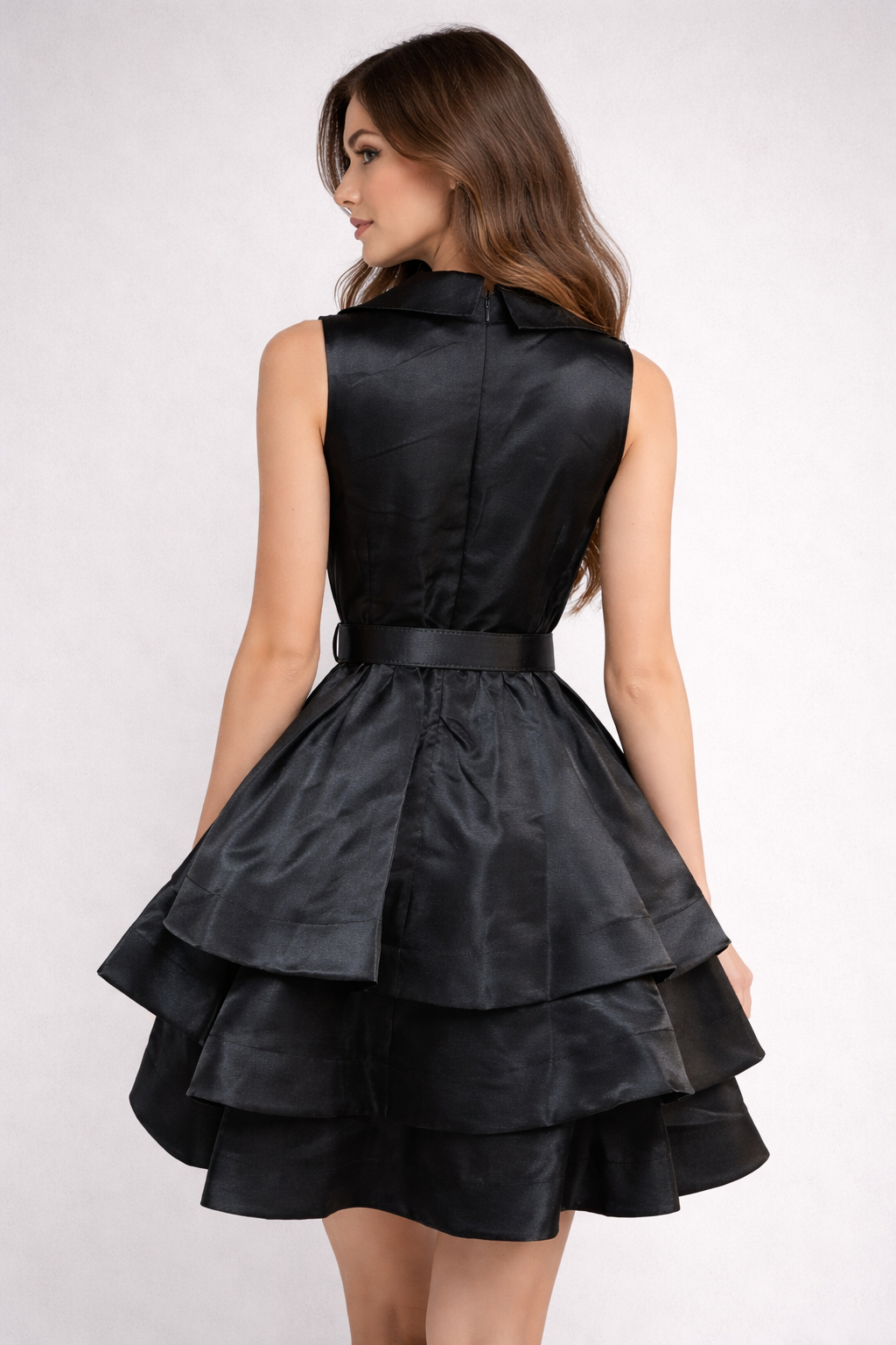 Elegant Satin Tiered Dress with Belt