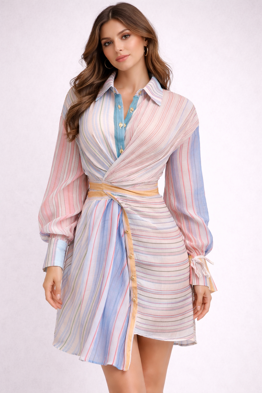 Pastel Stripe Wrap Dress with Tie Waist