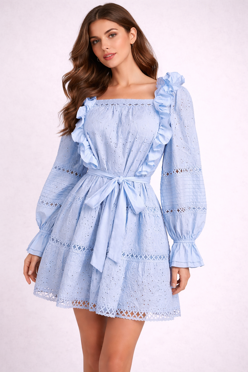 Broderie Lace Ruffle Mini Dress