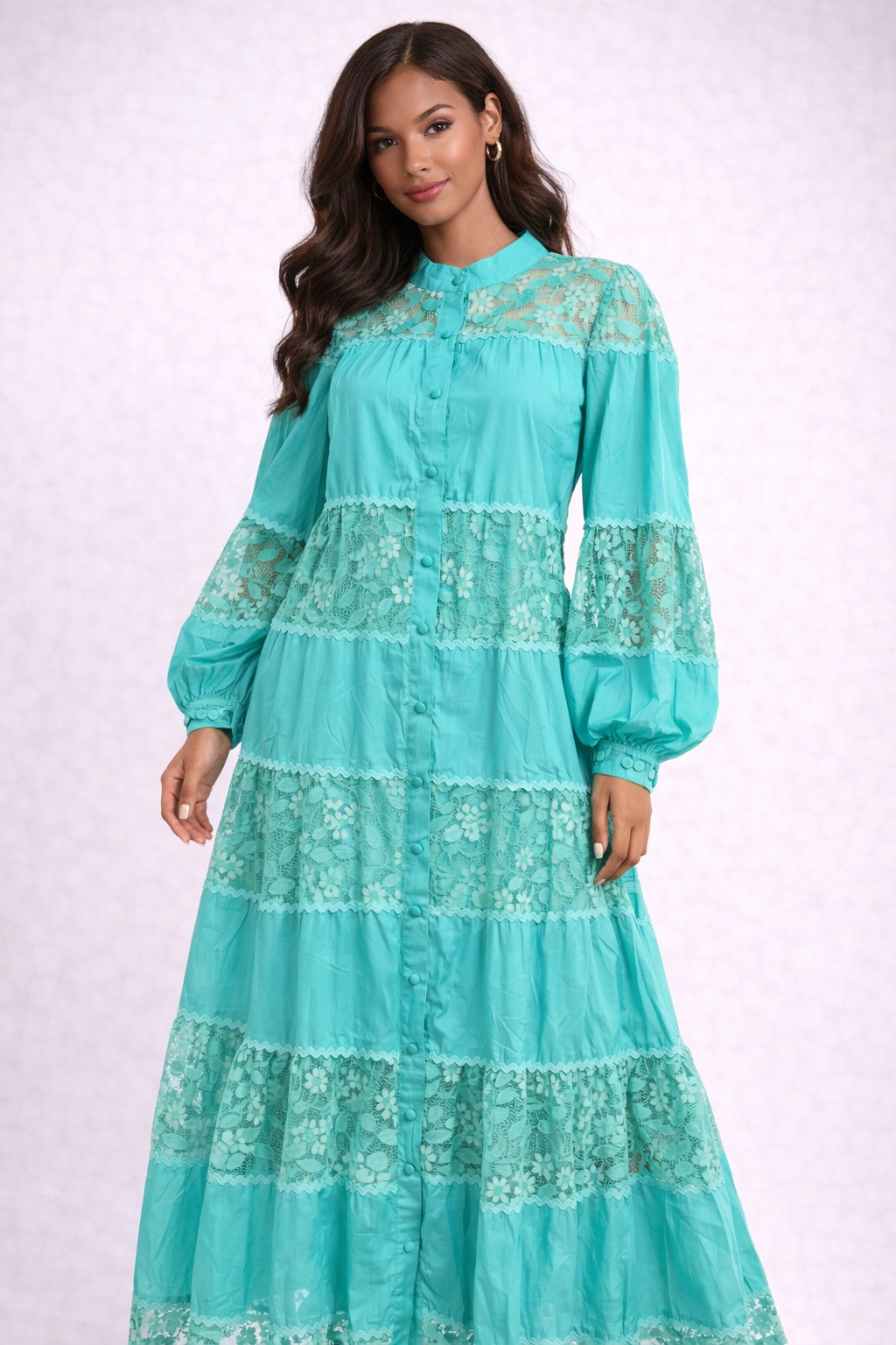Soft Aqua Tiered Lace Maxi Dress