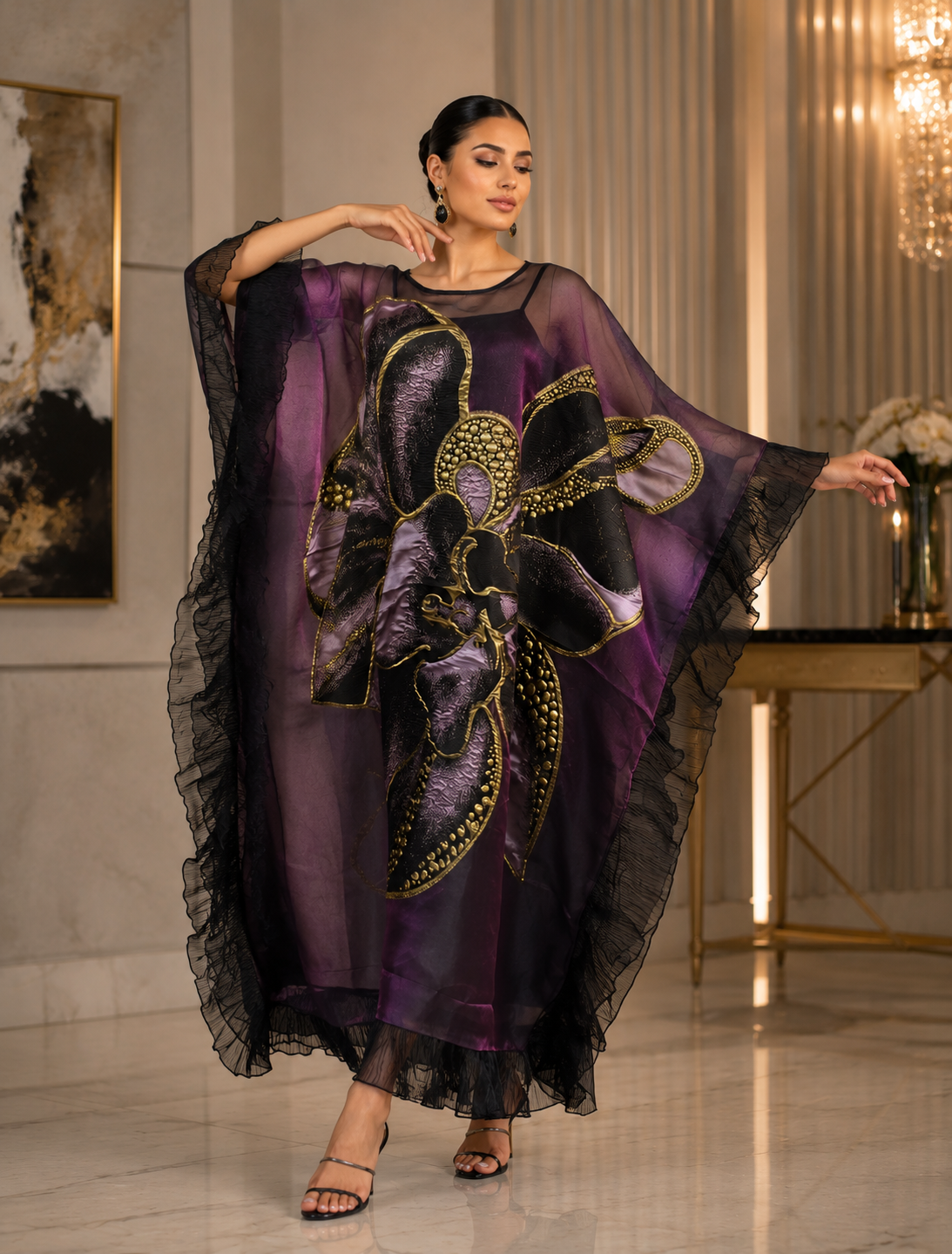 Midnight Orchid Embellished Kaftan Dress