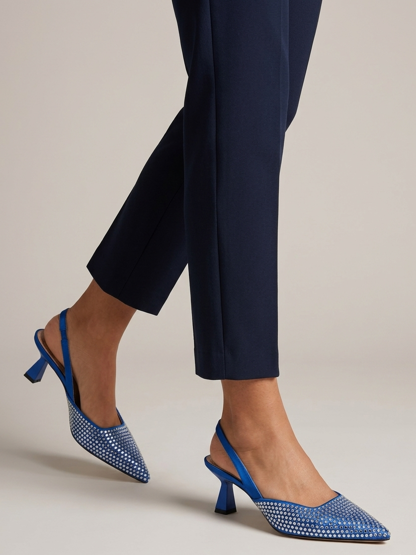 Blue Rhinestones Slingback Kitten Heels
