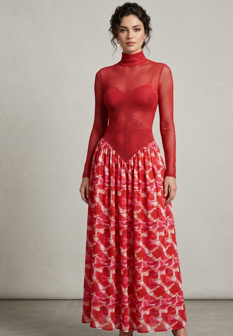 Red Long Sleeved Contrast Dress