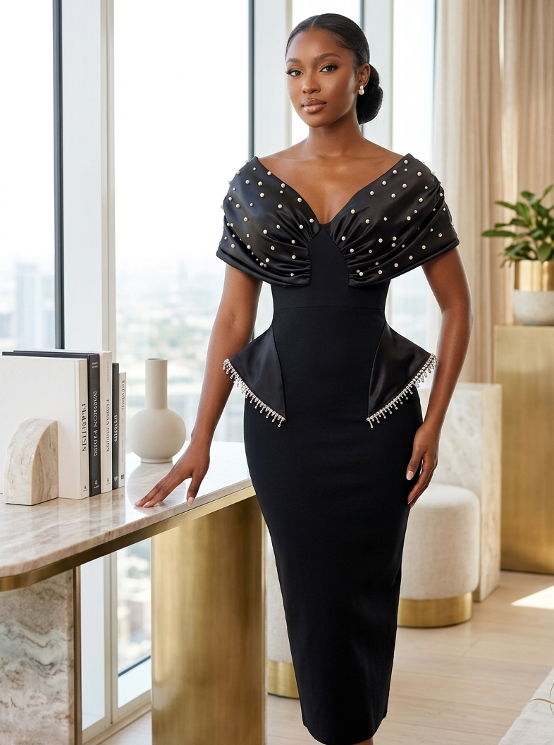 Pearl-Embellished Midnight Black Peplum Midi