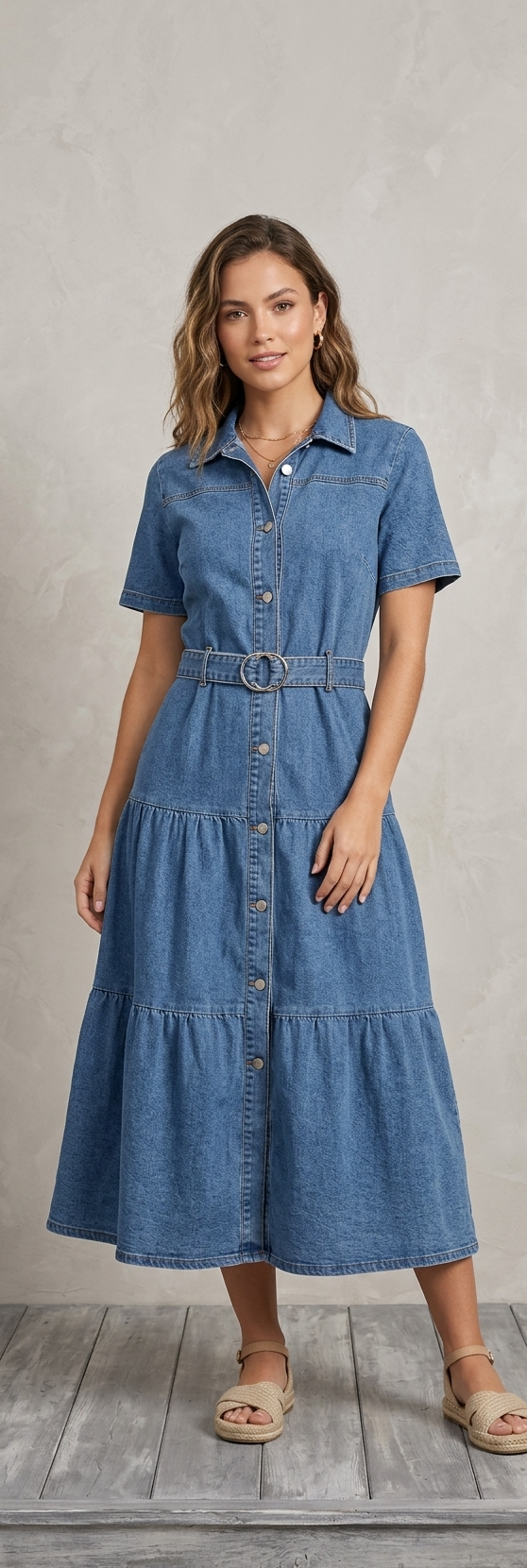 Classic Breeze Denim Tiered Midi Dress