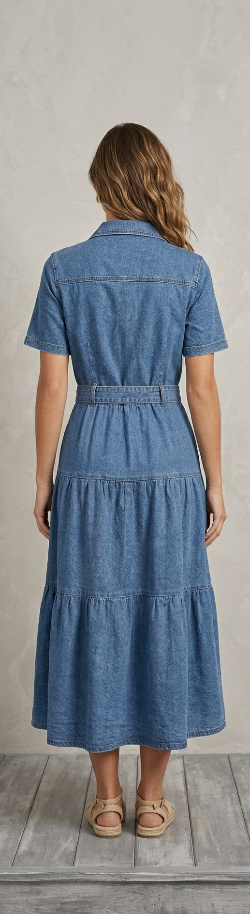 Classic Breeze Denim Tiered Midi Dress
