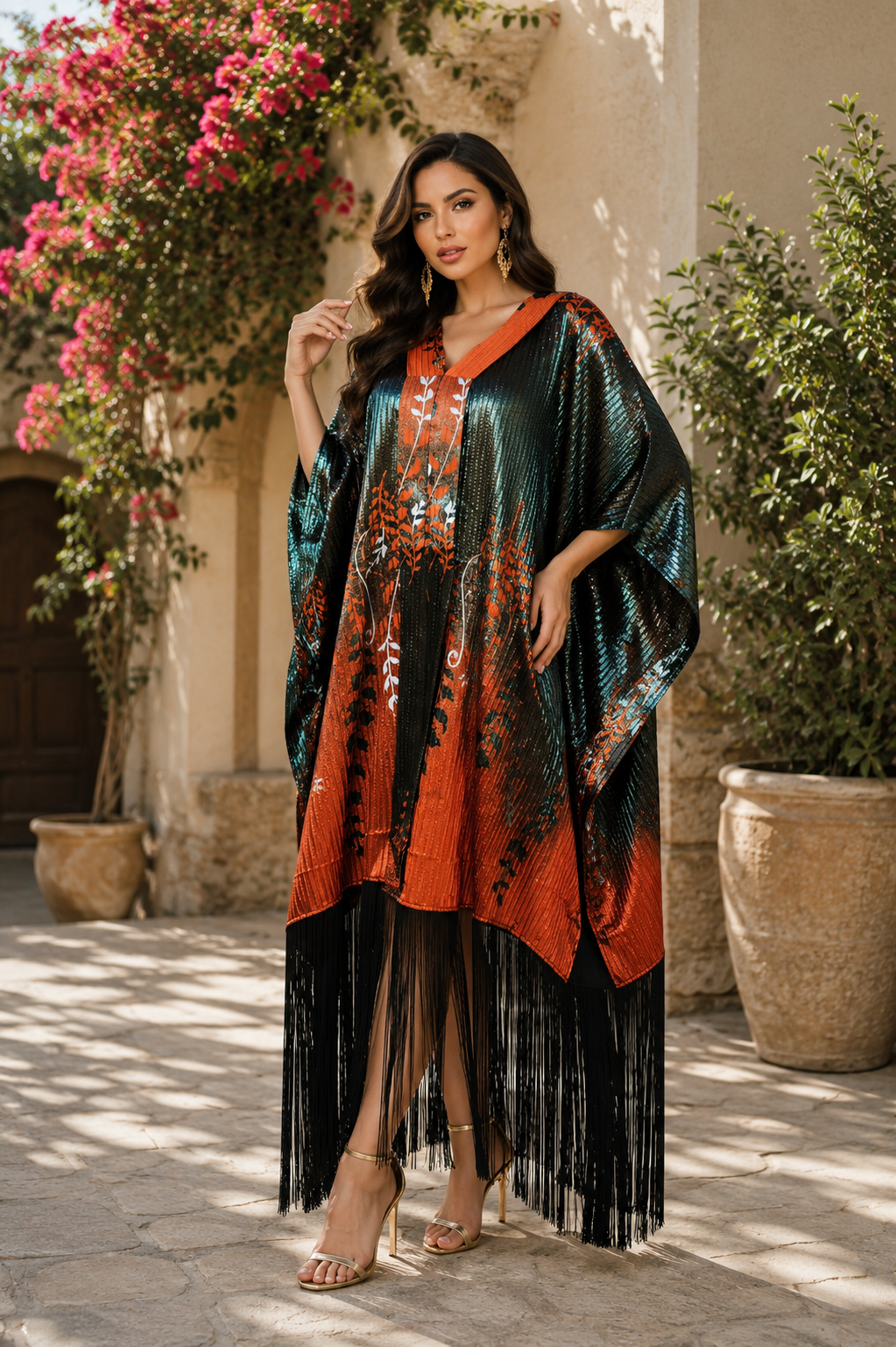 Metallic Botanical Fringe Kaftan - Statement occasion Dress