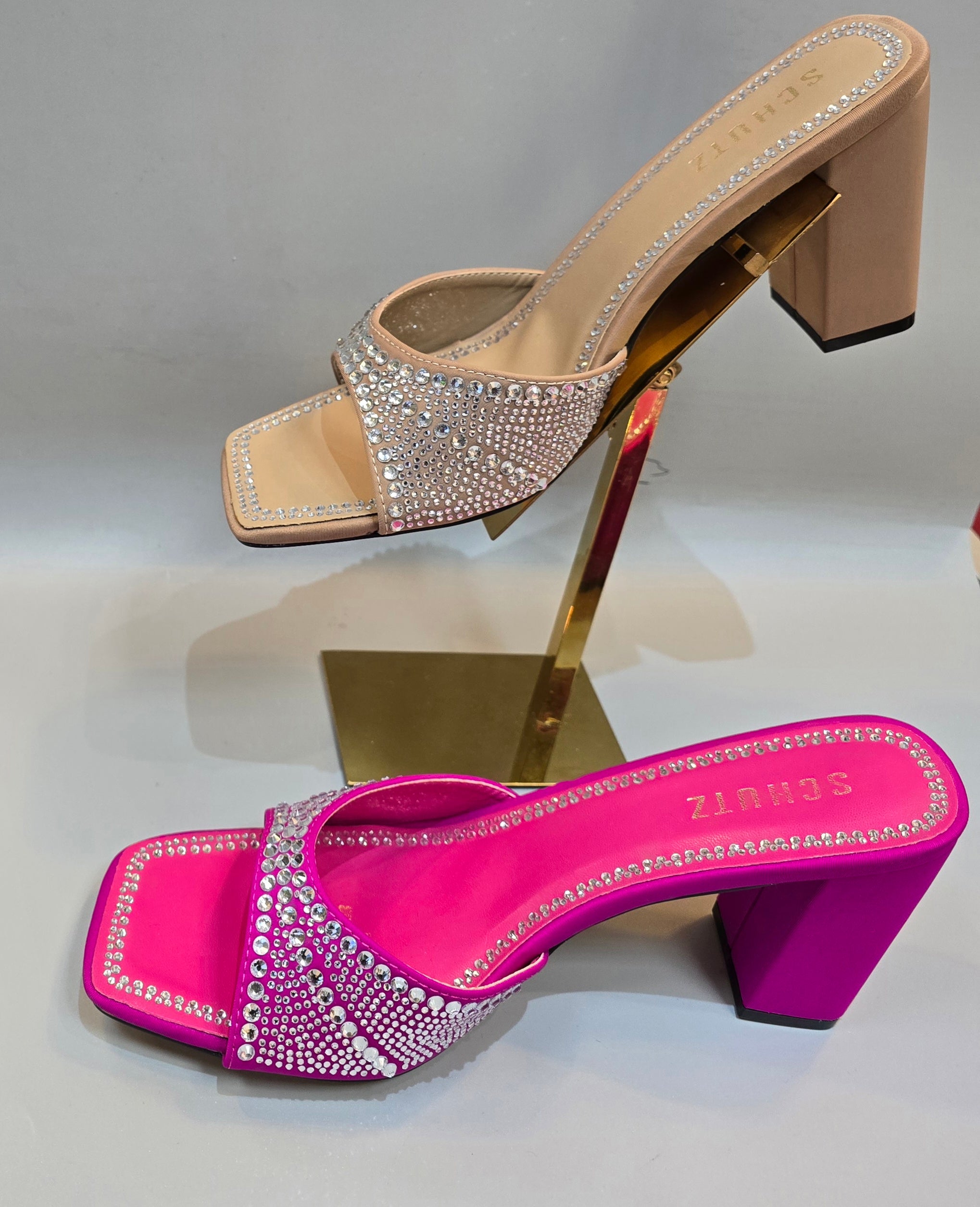 Nude Rhinestone Block Heel Mule Sandals