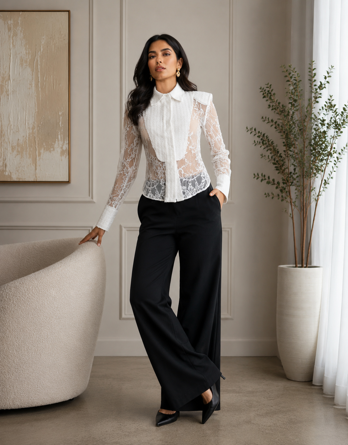 Lace Illusion Blouse & Wide-Leg Trouser Set
