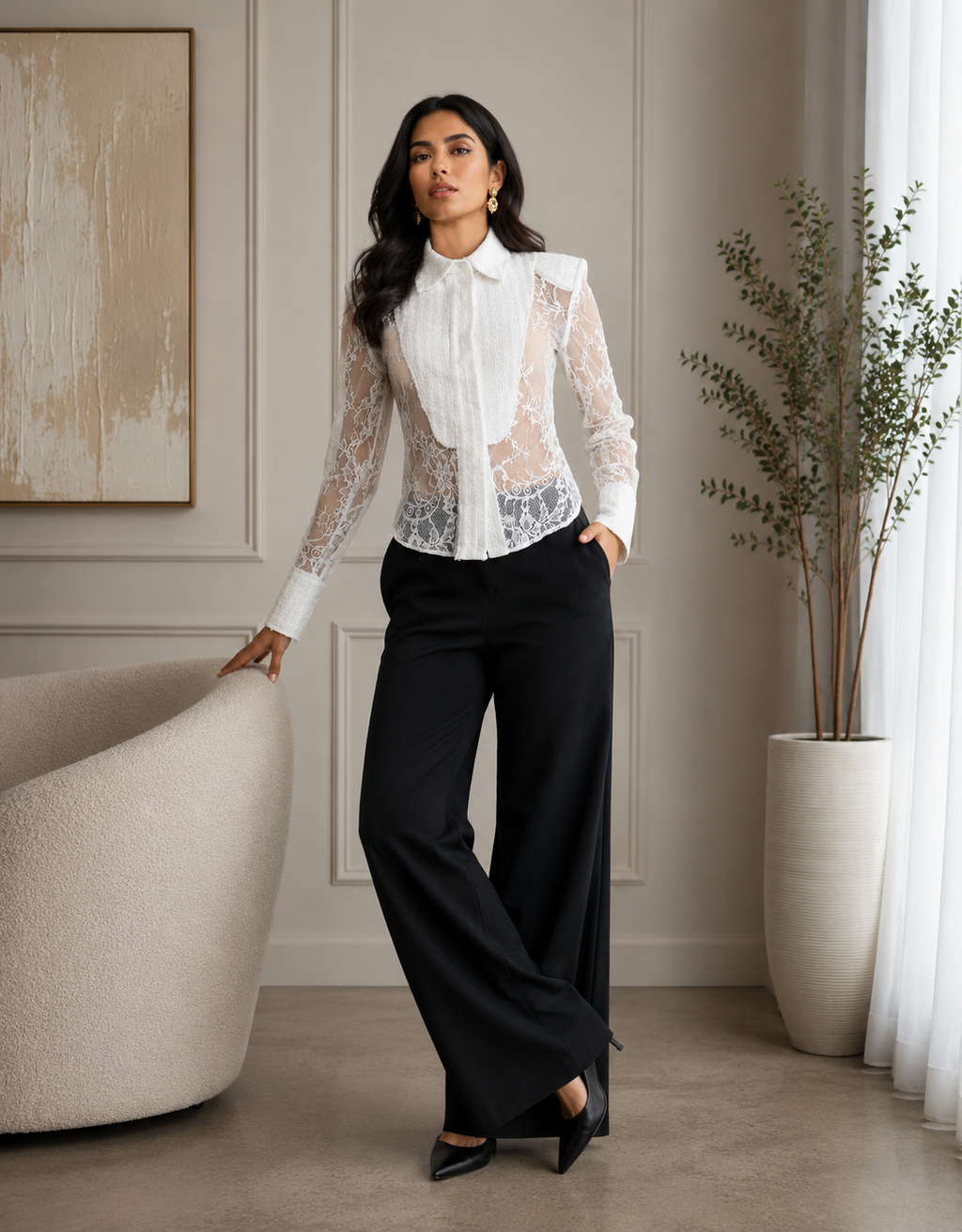 Lace Illusion Blouse & Wide-Leg Trouser Set