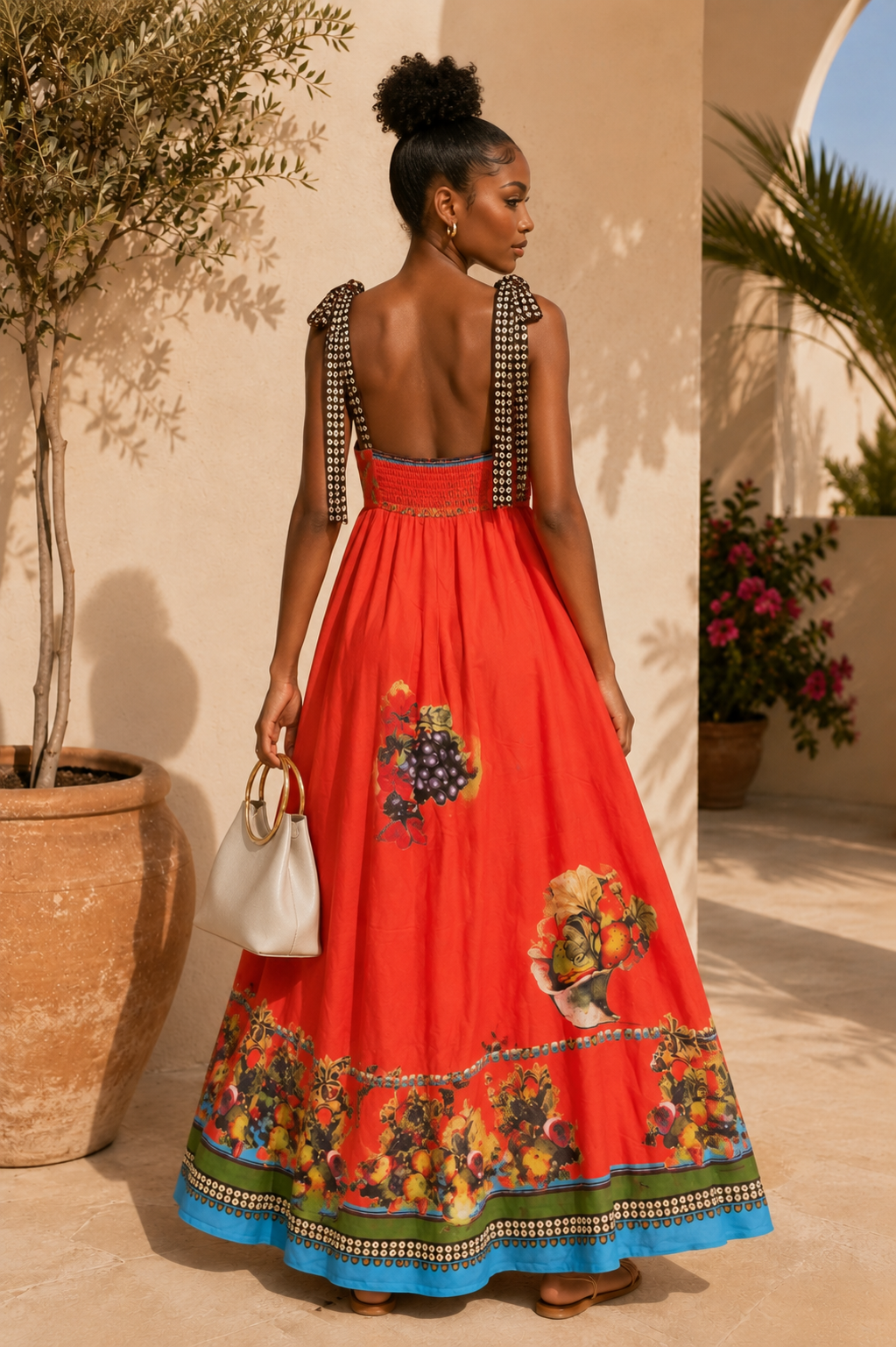 Mediterranean Harvest Tie-Shoulder Maxi Dress