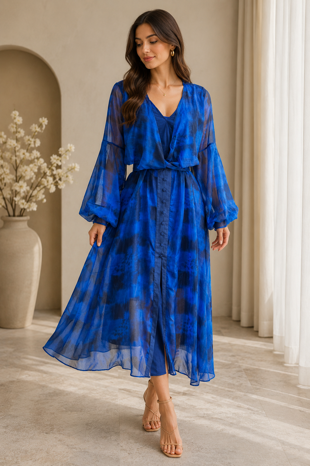 Midnight Blue Organza Tie Waist Maxi Dress