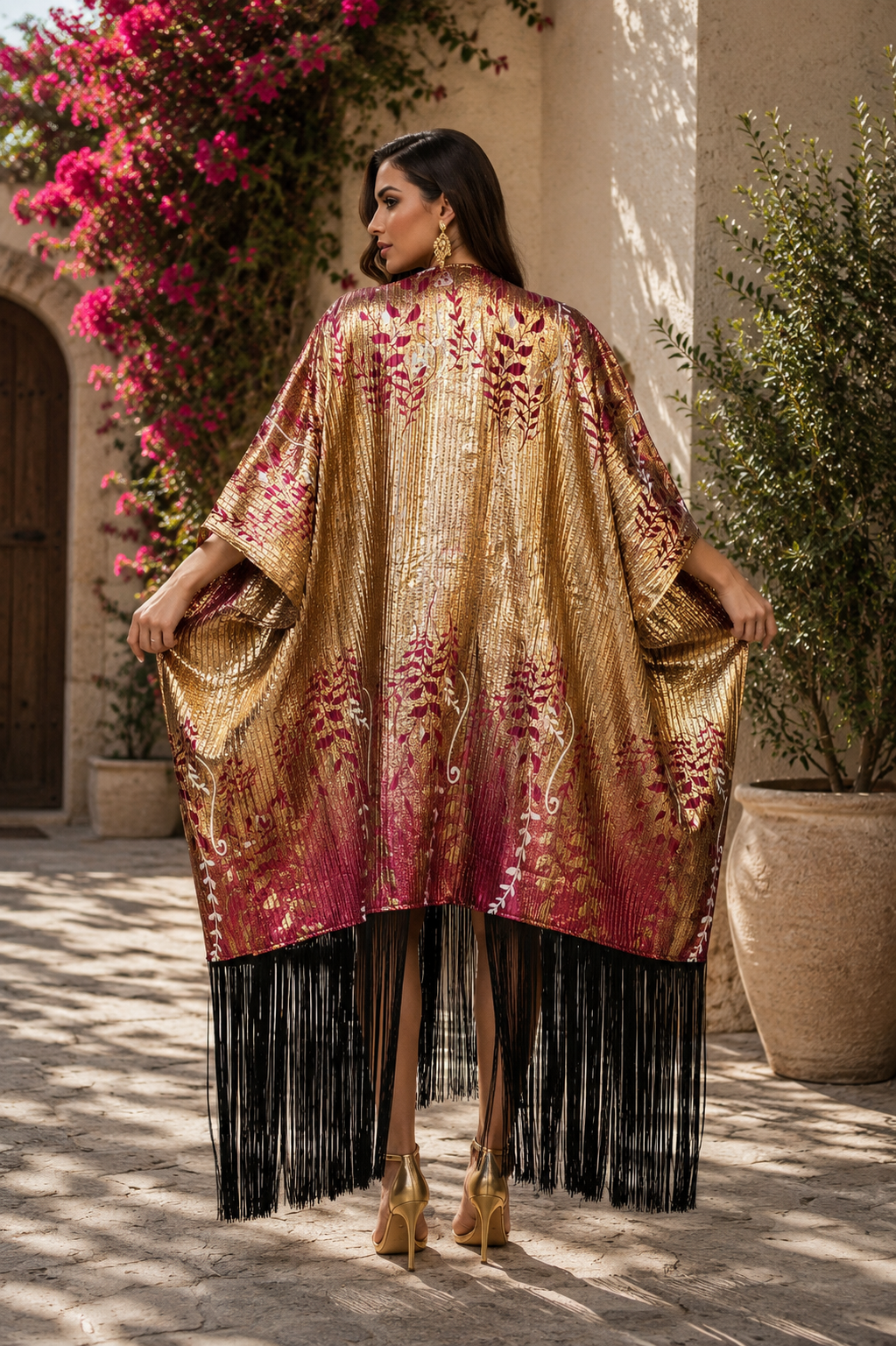 Metallic Botanical Fringe Kaftan - Statement occasion Dress