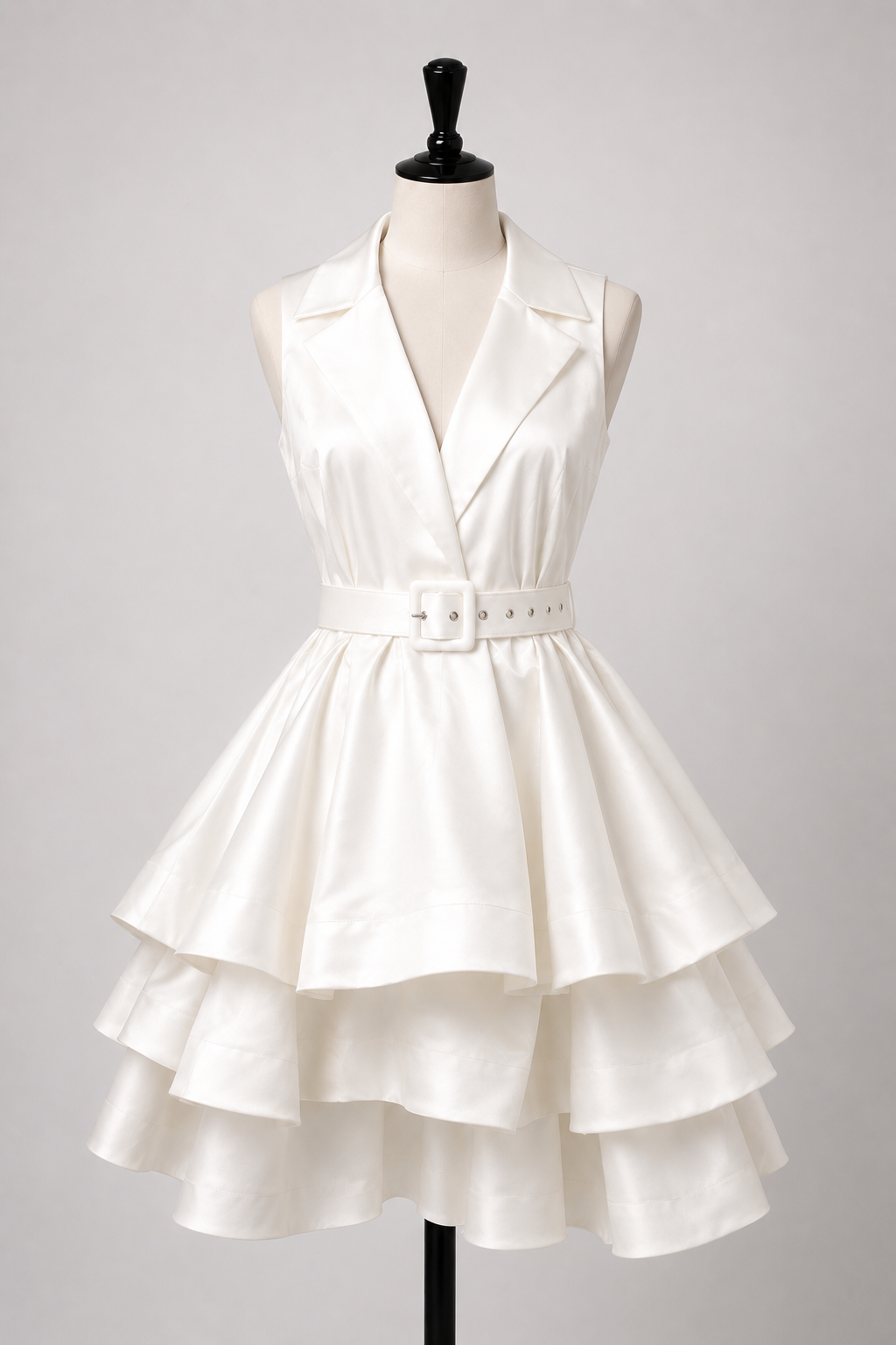 Elegant Satin Tiered Dress with Belt