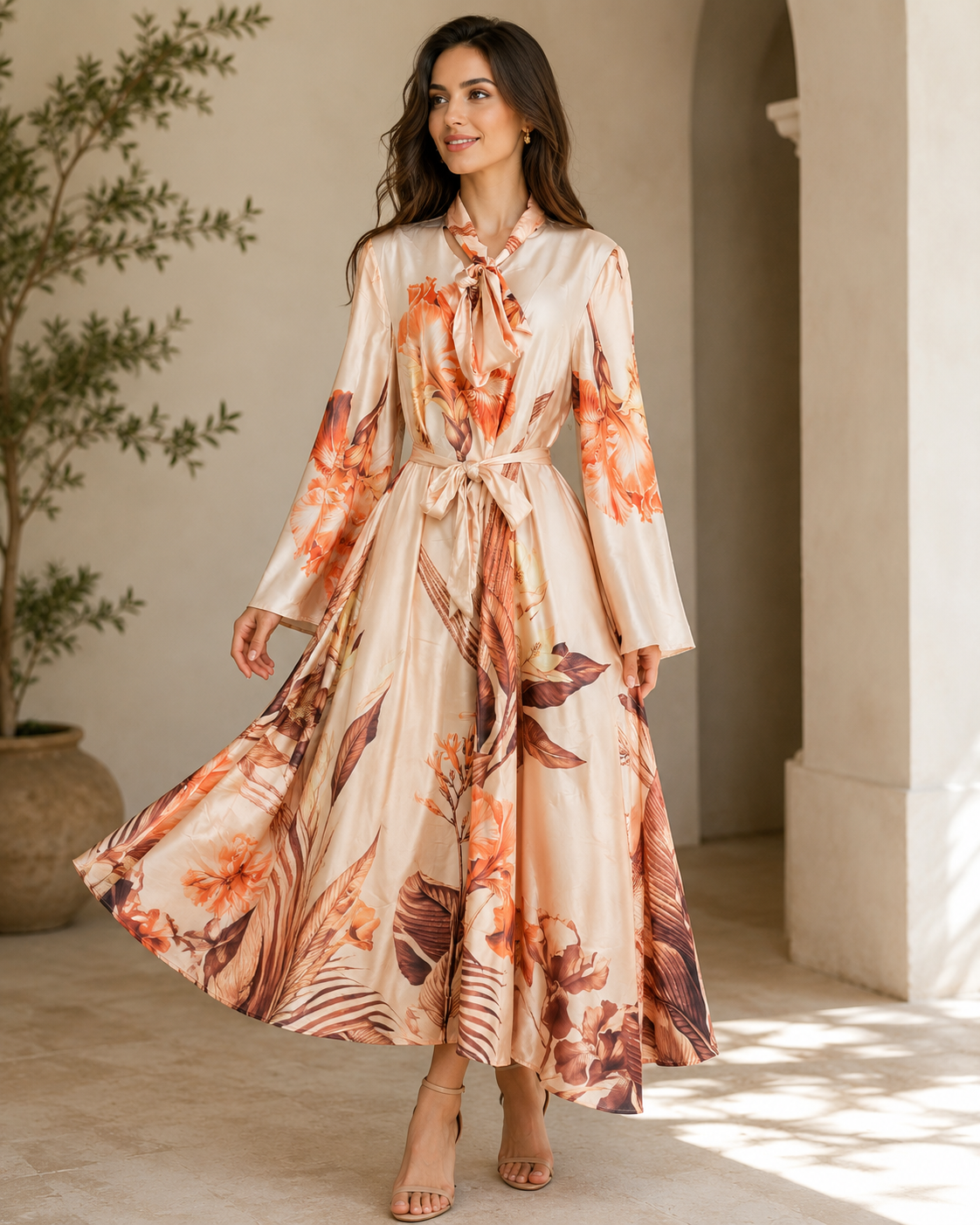 Blush Bloom Satin Tie-Neck Midi Dress