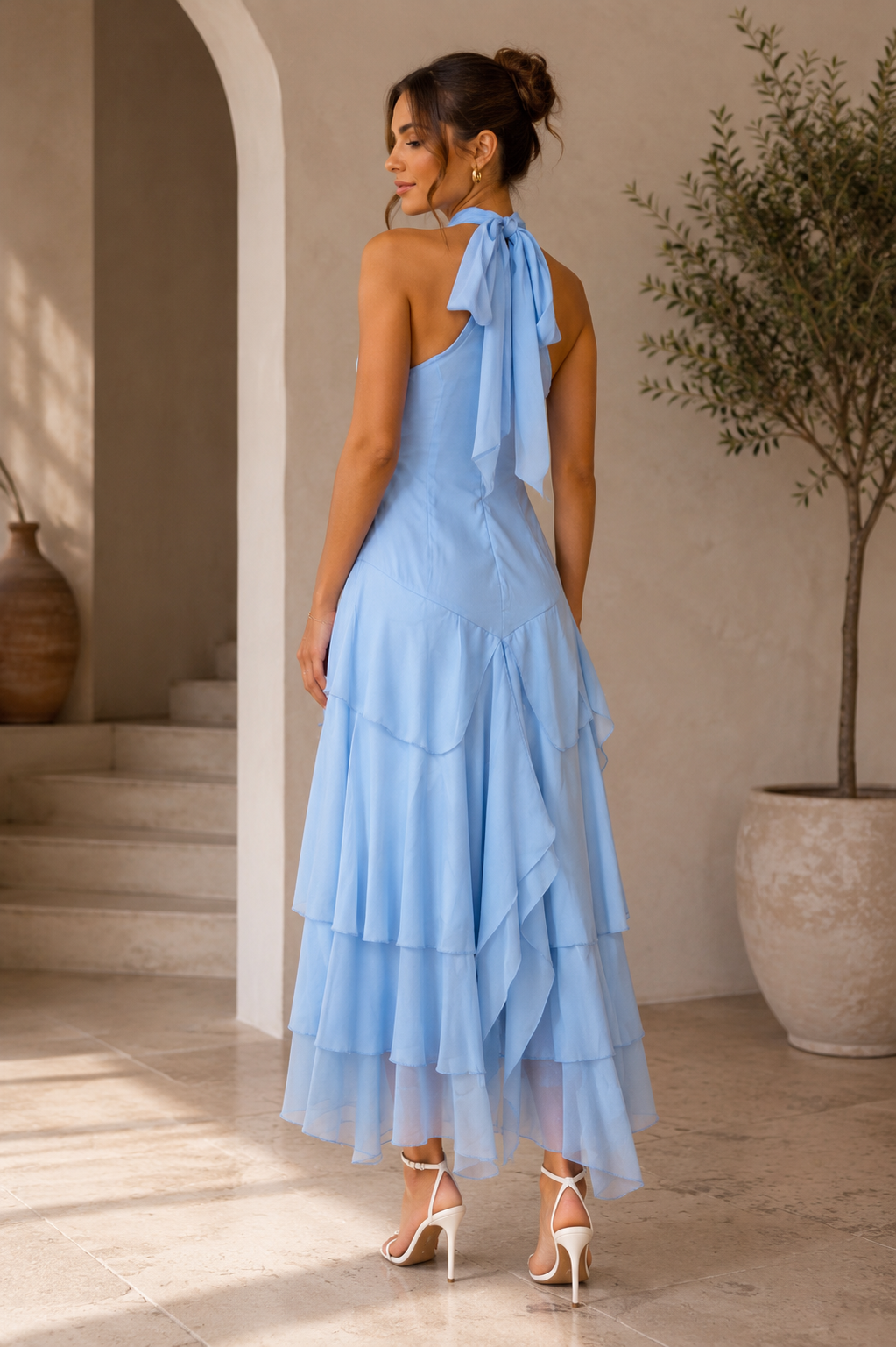 Sky Blue Halter Cascade Maxi Dress