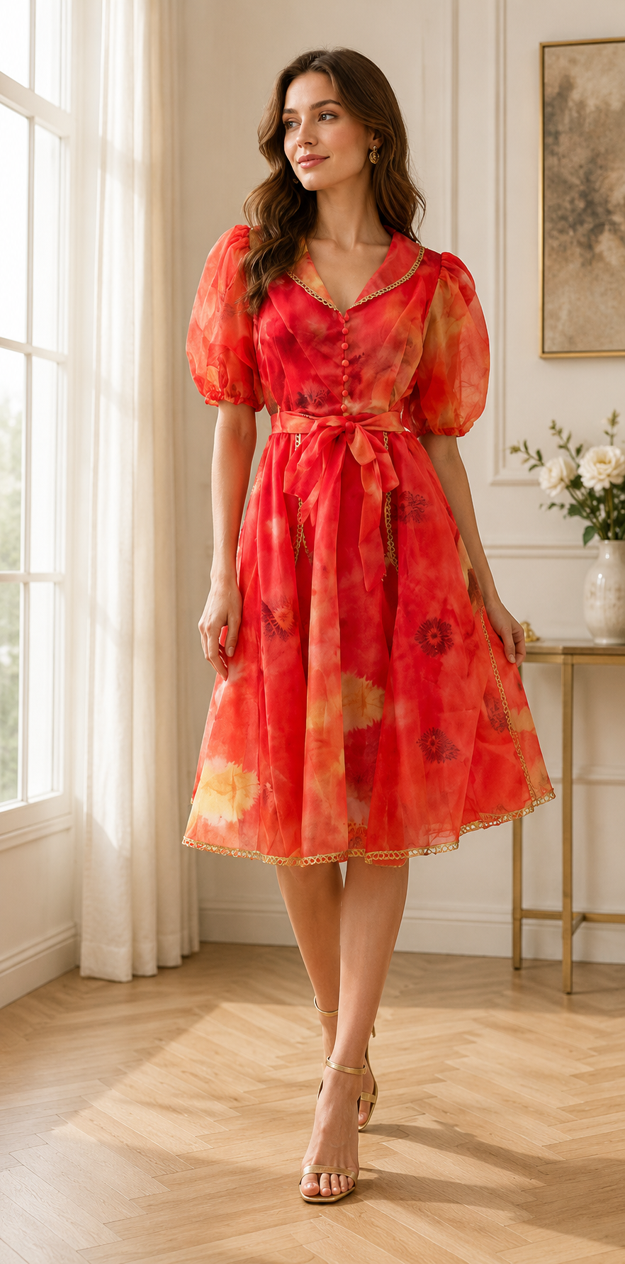 Scarlet Bloom Organza Midi Dress