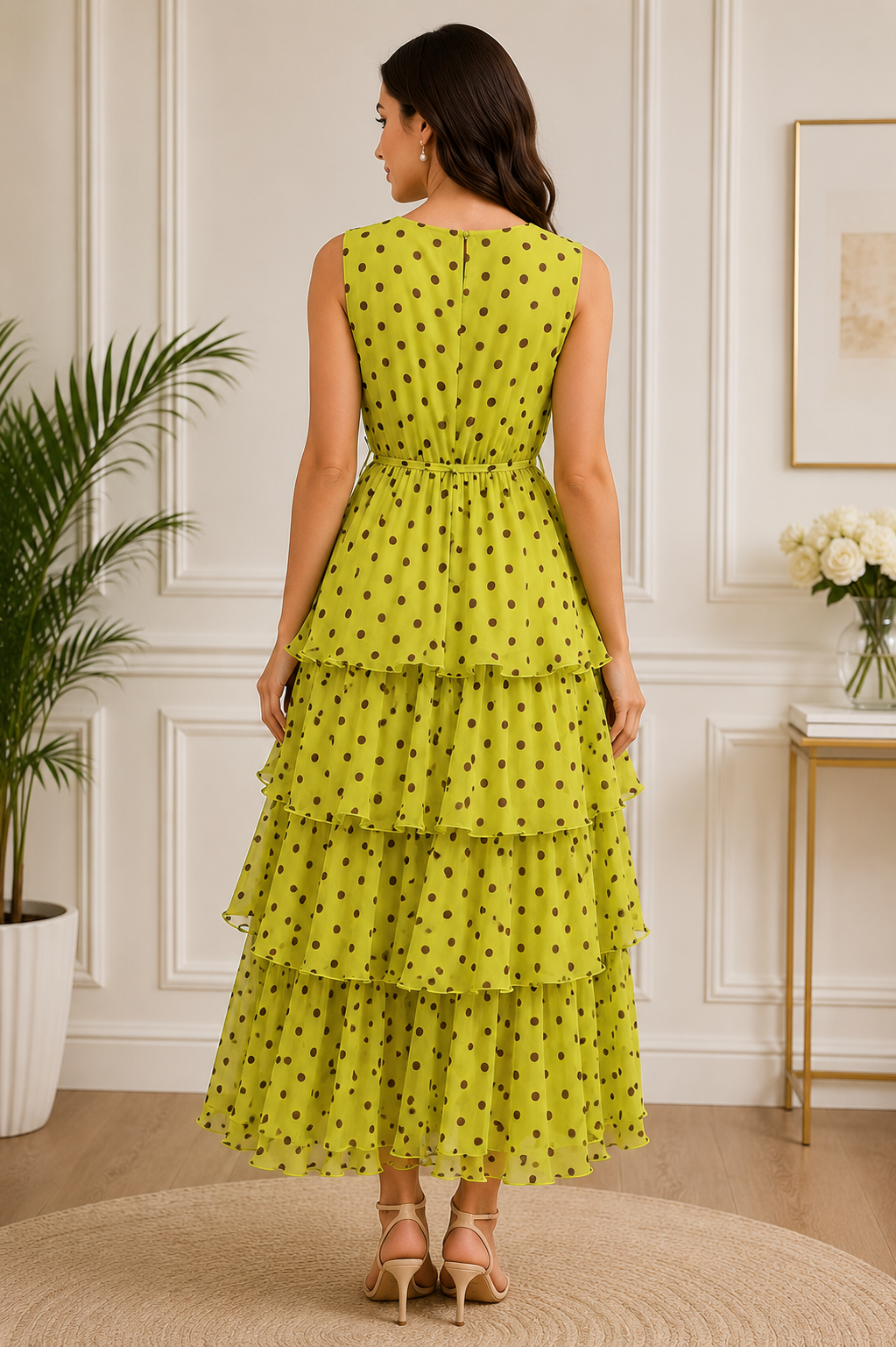 Sleeveless Polka Dot Tiered Chiffon Midi Dresses
