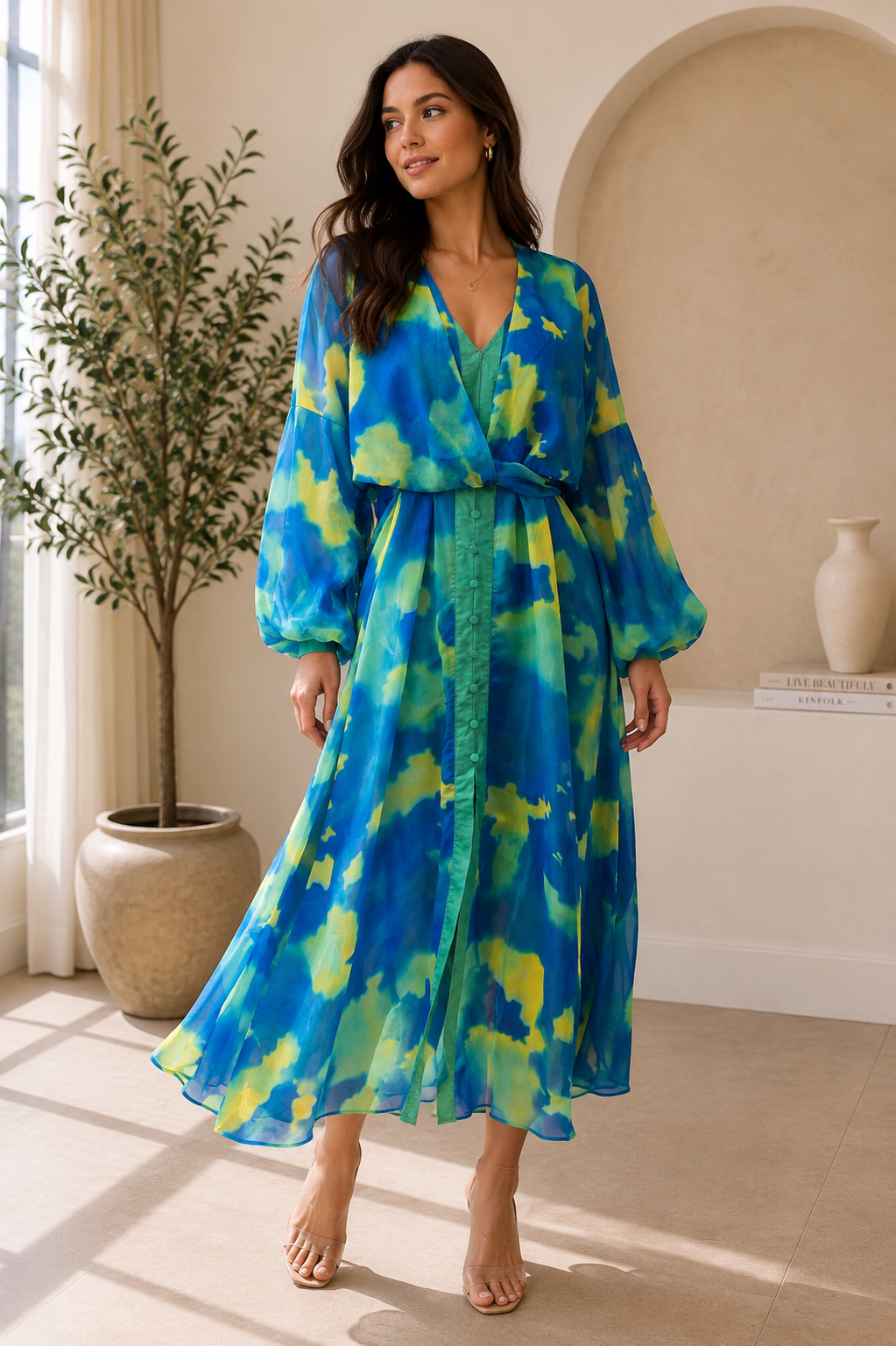 Ocean Bloom Chiffon Maxi Dress with Tie Waist