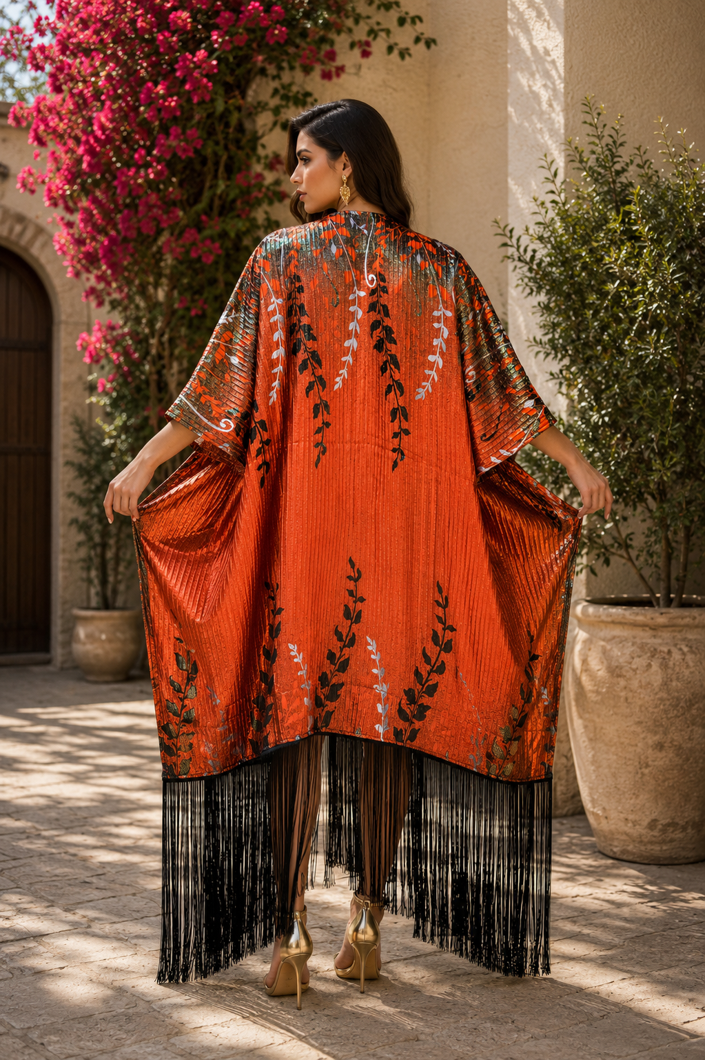 Metallic Botanical Fringe Kaftan - Statement occasion Dress