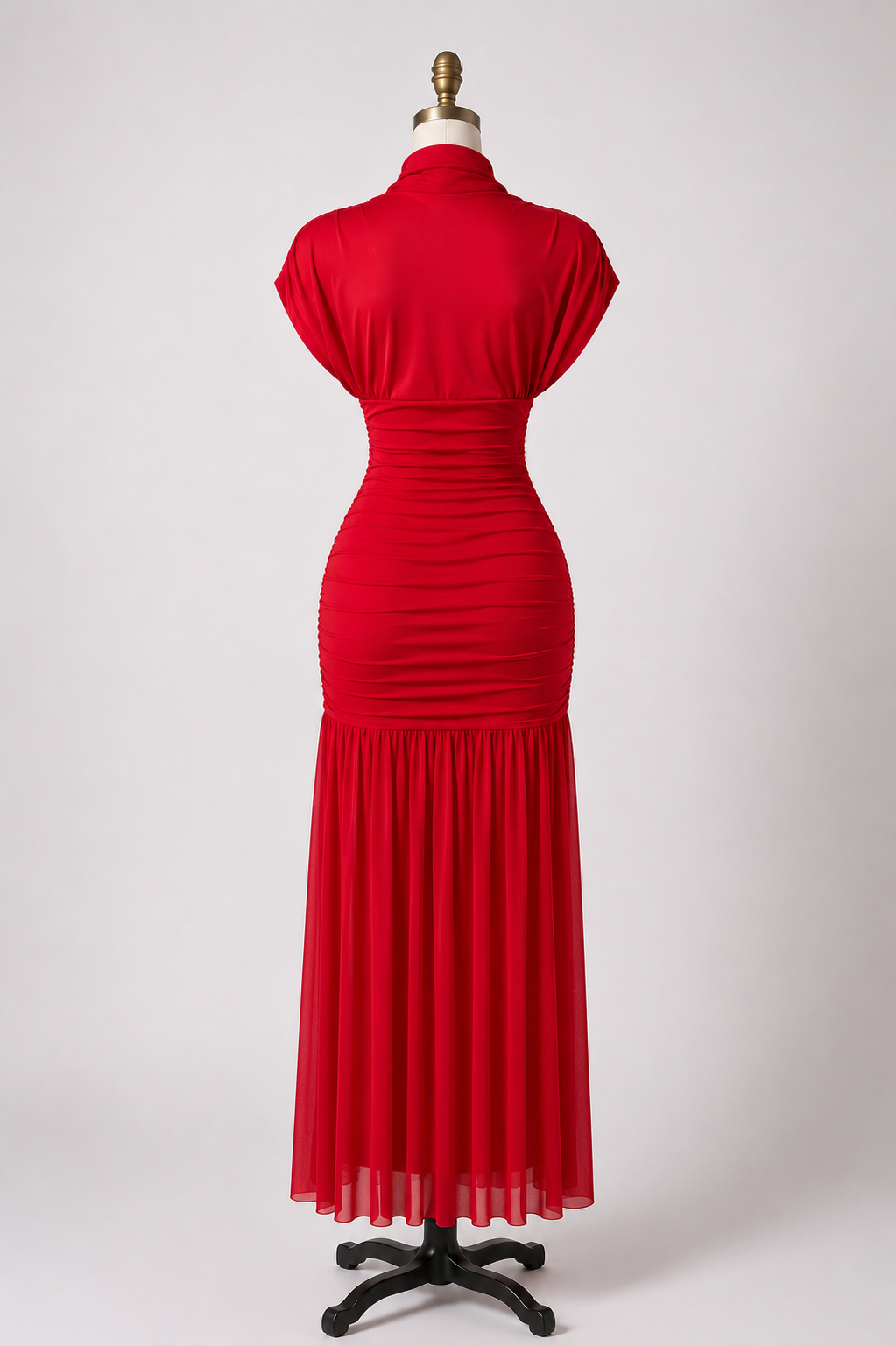 Elegant Ruched Mesh Maxi Dress