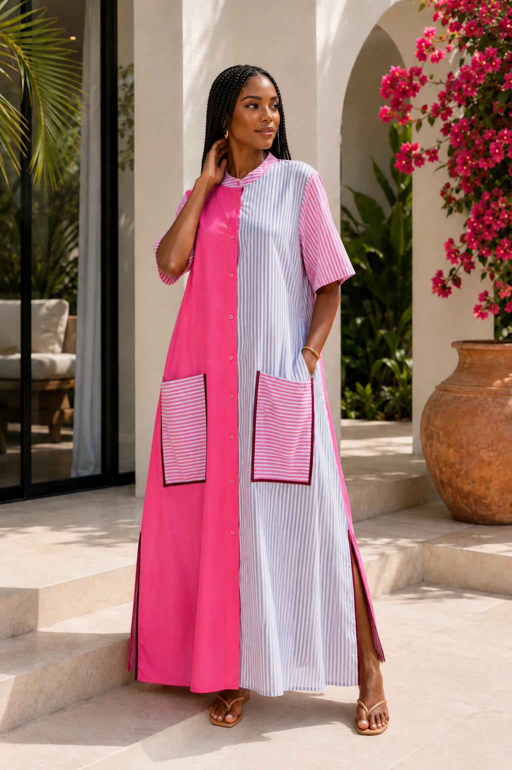 Positano Stripe Colorblock Shirt Maxi Dress