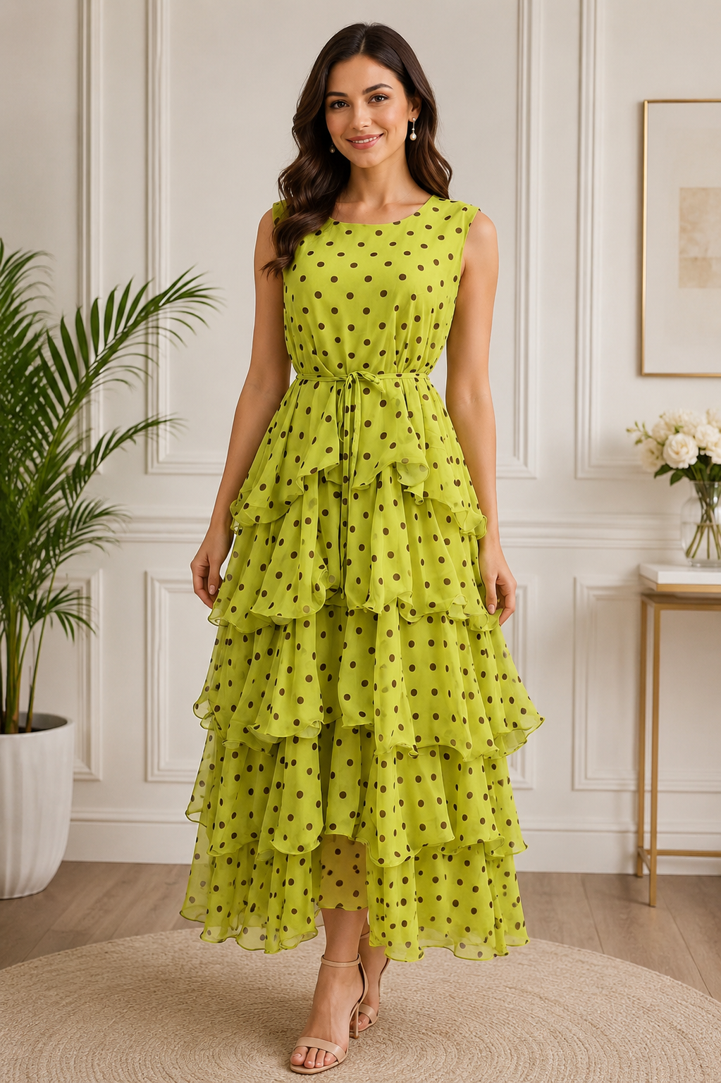Sleeveless Polka Dot Tiered Chiffon Midi Dresses