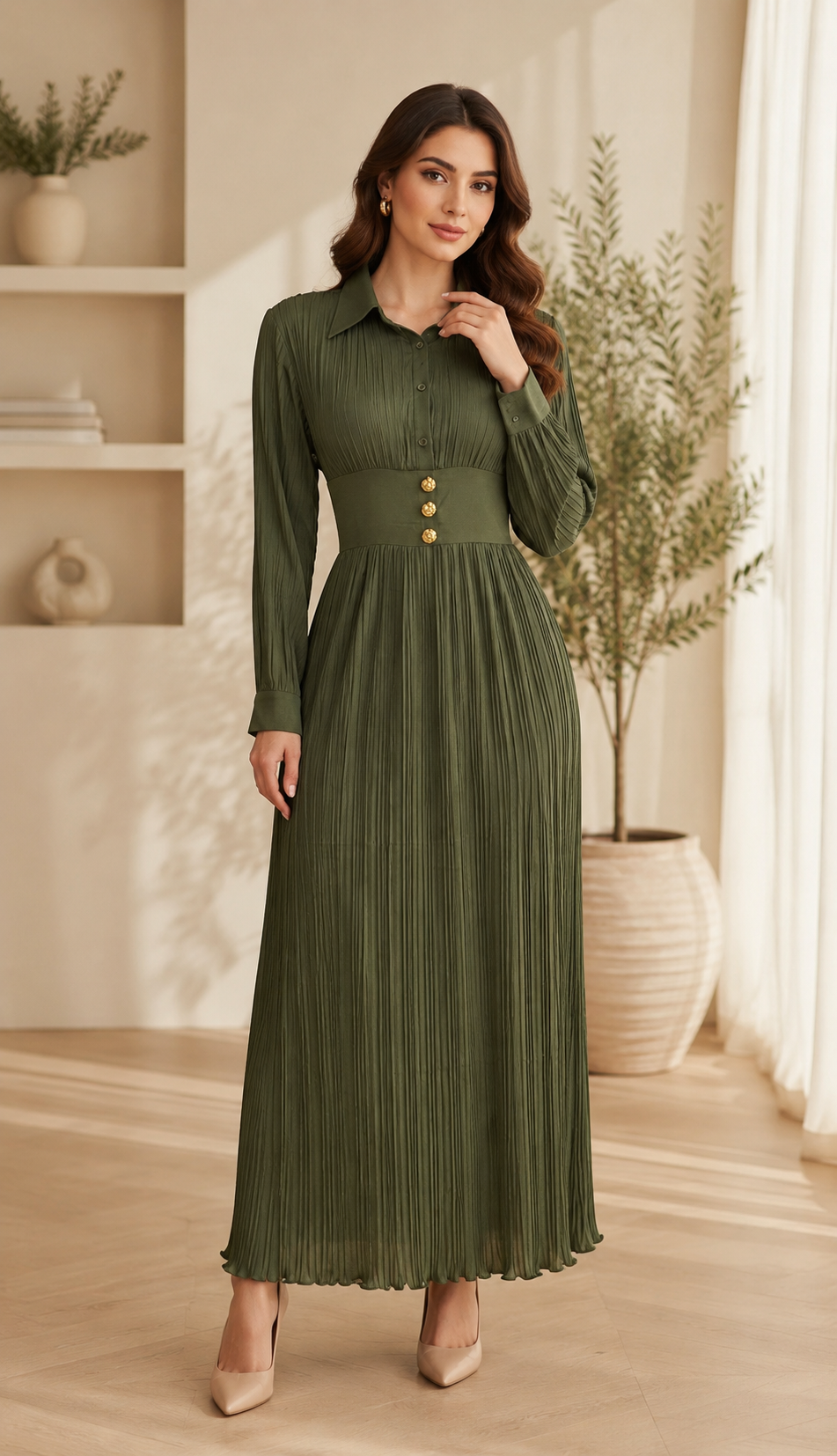 Pleated Maxi Dress with Gold Button Detail
