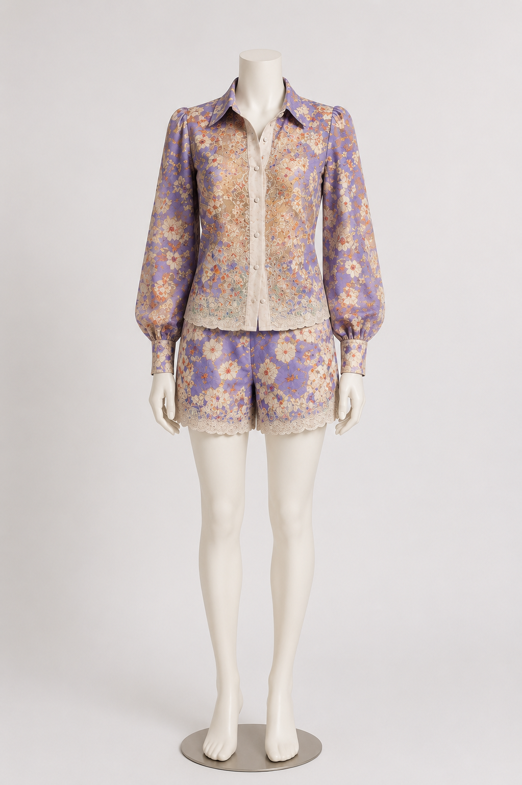 Lavender Heirloom Floral Shirt & Scallop Shorts Set