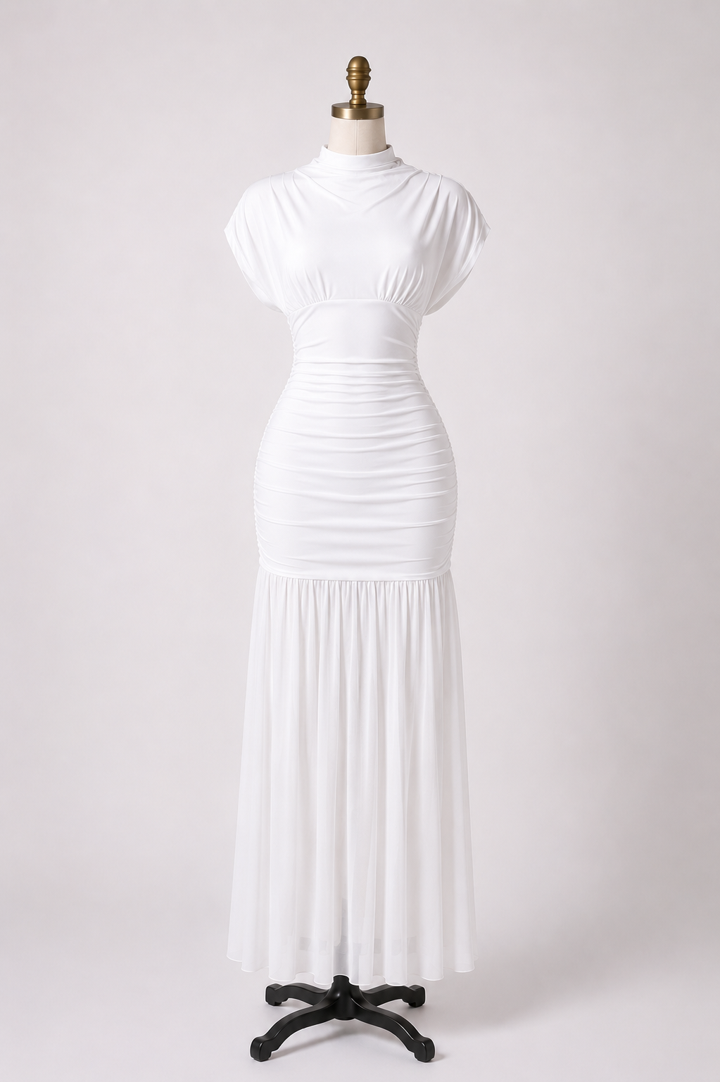 Elegant Ruched Mesh Maxi Dress