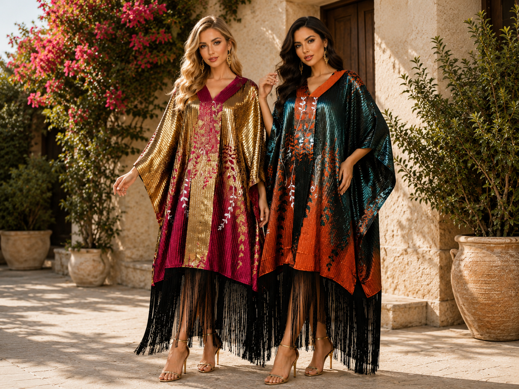 Metallic Botanical Fringe Kaftan - Statement occasion Dress