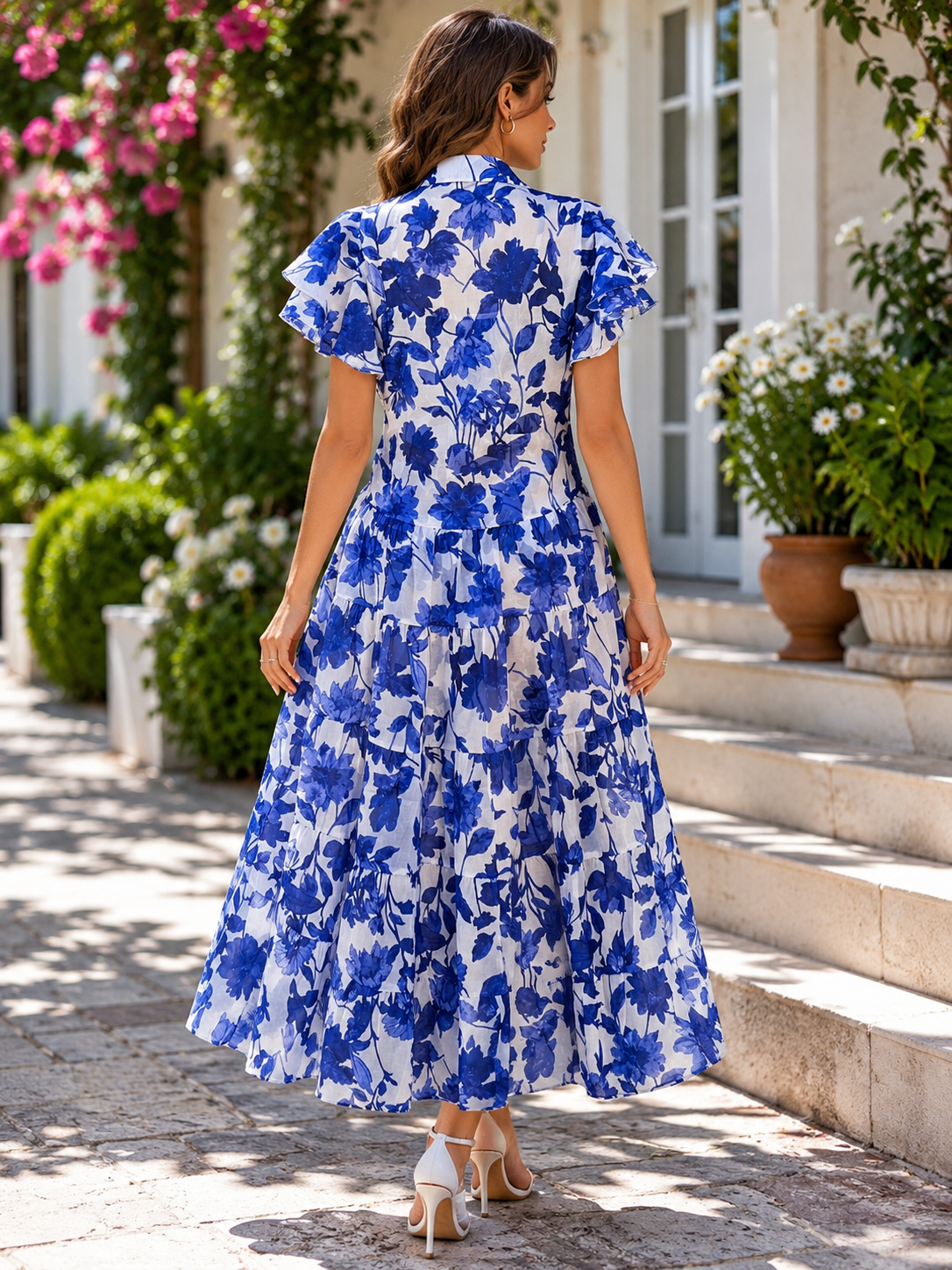 Blue Bloom Ruffle Sleeve midi Dress