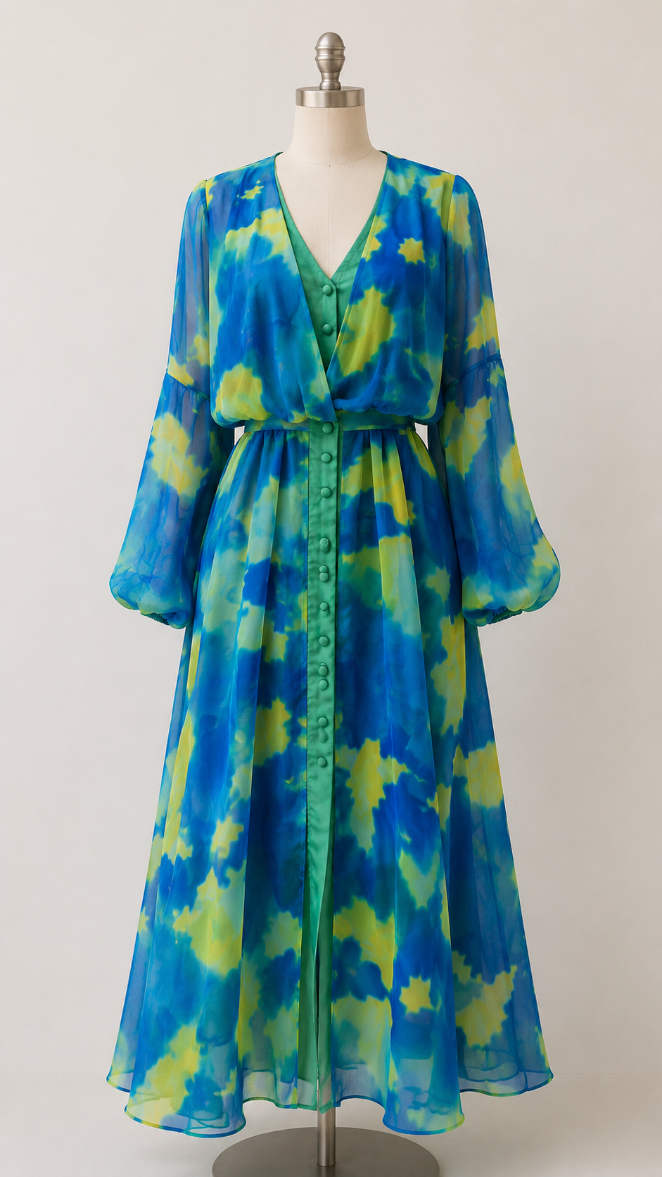 Ocean Bloom Chiffon Maxi Dress with Tie Waist