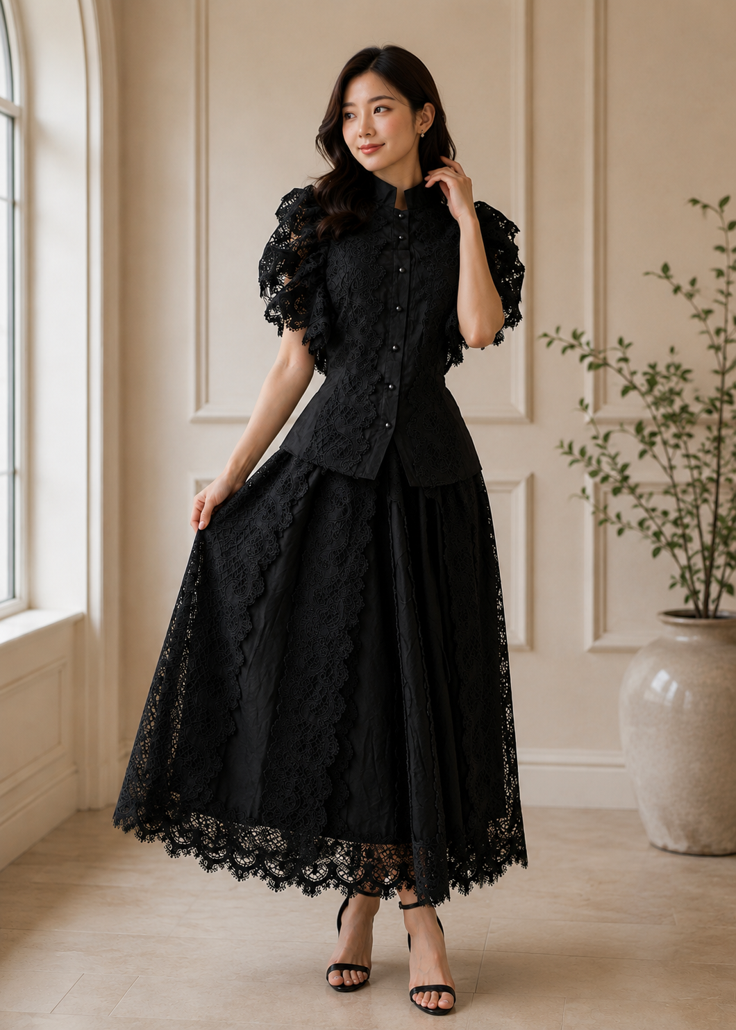 Elegant Black Lace Victorian - Inspired Two-Piece Dress Set