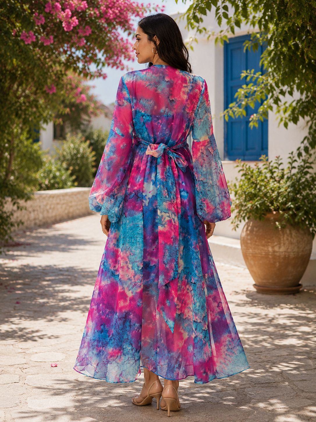 Ocean Bloom Chiffon Maxi Dress with Tie Waist