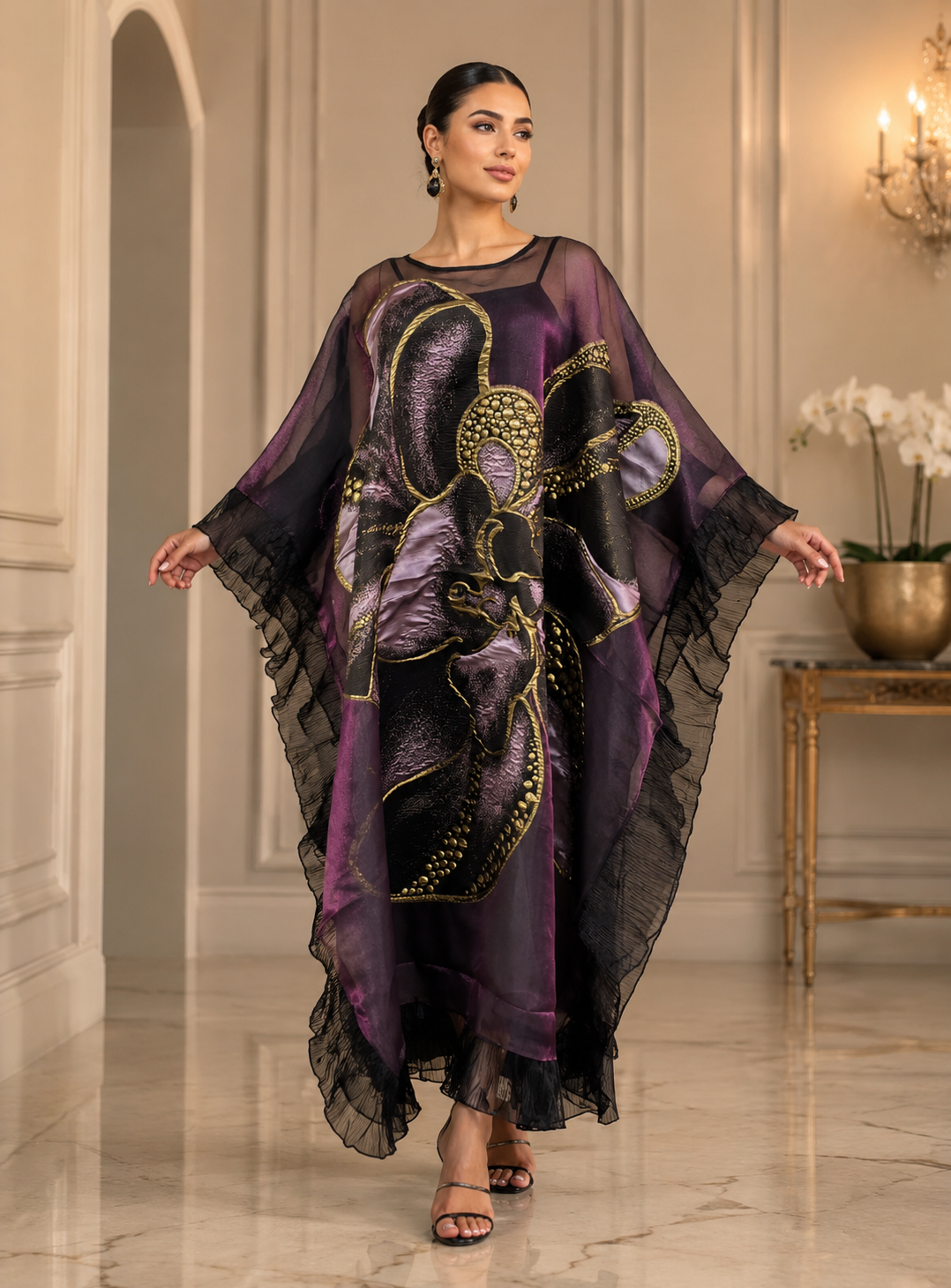 Midnight Orchid Embellished Kaftan Dress