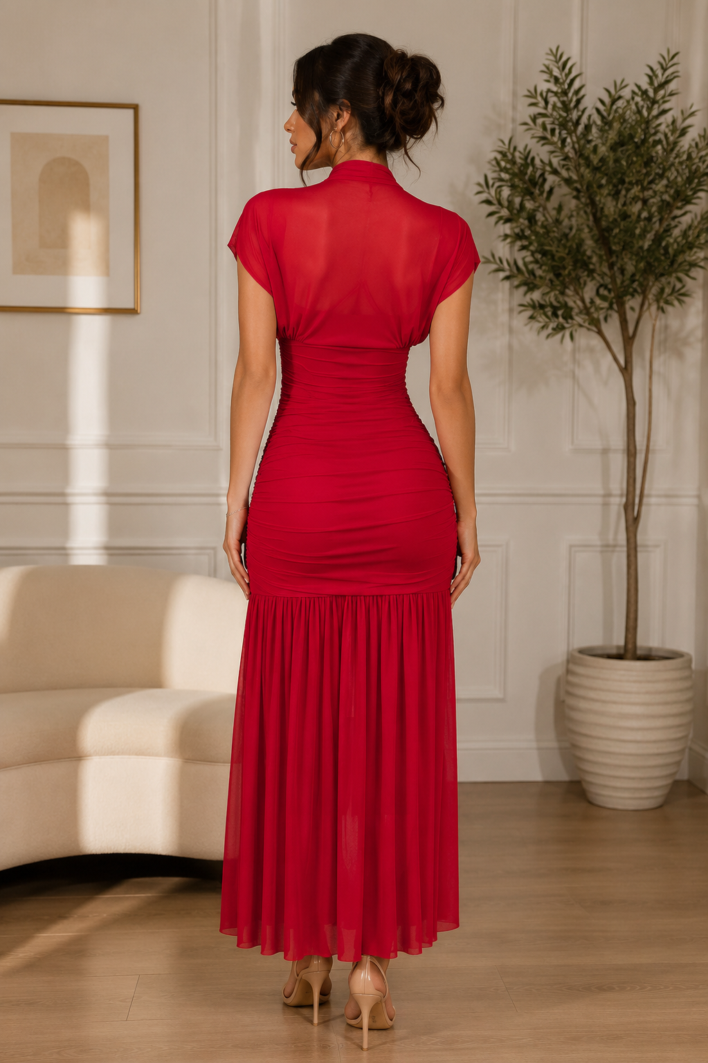 Elegant Ruched Mesh Maxi Dress